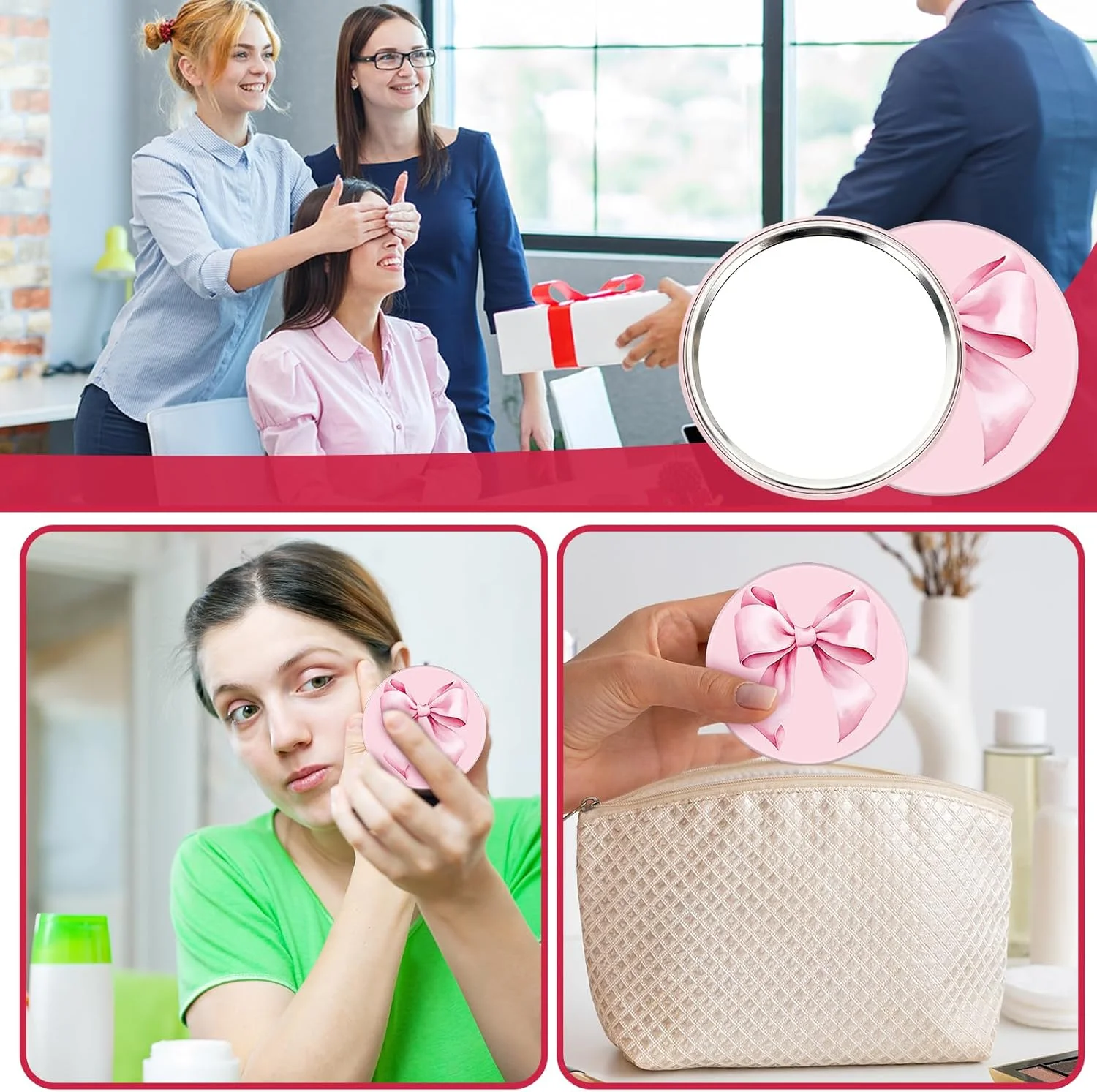 JarThenaAMCS آینه جیبی گرد قابل حمل 12 عددی با پاپیون صورتی 2.8 اینچی، آینه آرایشی کوچک برای زنان، مناسب برای مهمانی تولد