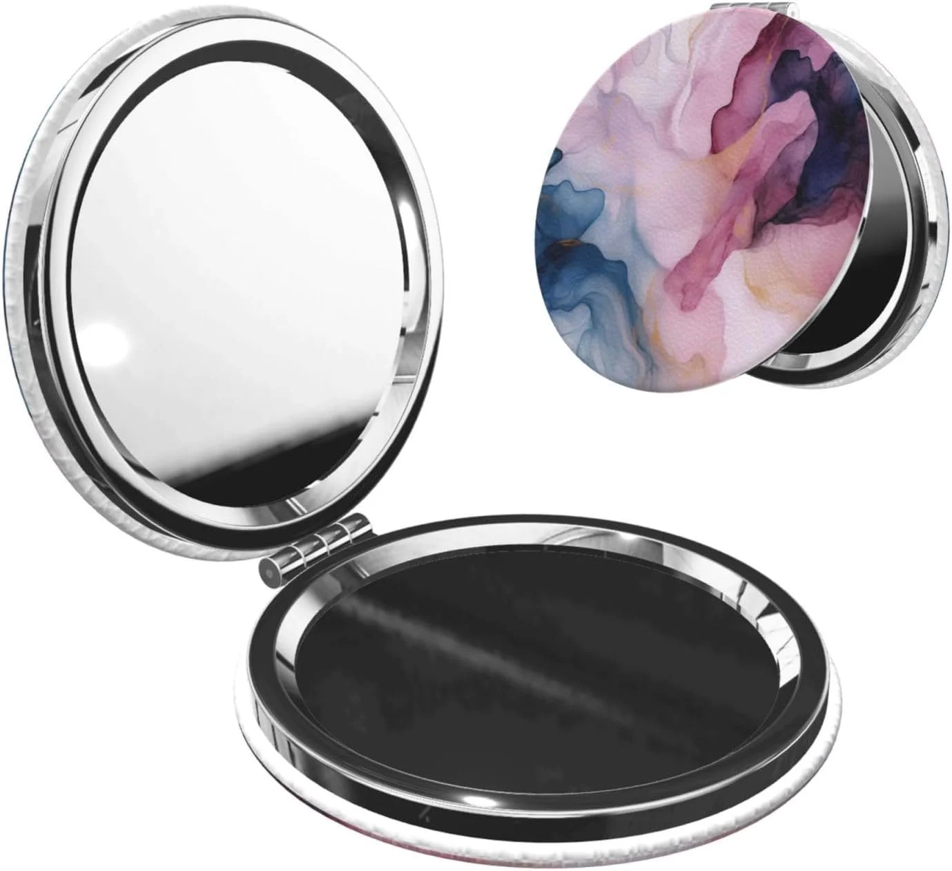 آینه جیبی تاشو Keluki با طرح انتزاعی پاستیلی، آبی تیره، سرخ و طلایی، چرمی PU گرد، قابل حمل، کوچک، دو طرفه و بزرگنمایی کننده، 2.6 اینچ