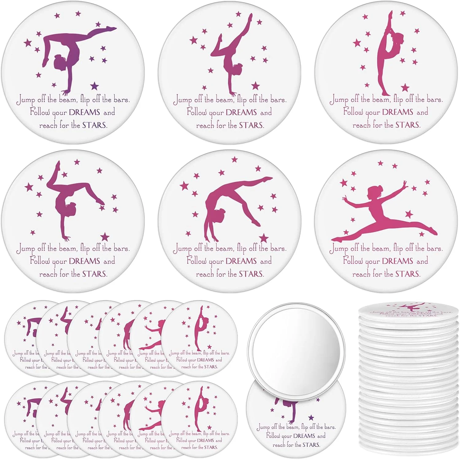 آینه جیبی فشرده 18 عددی CroBlissful با طرح ژیمناستیک برای زنان، 7 سانتی متر، هدیه ای الهام بخش برای مهمانی های ژیمناستیک، مناسب برای علاقه مندان به ورزش و لوازم تیمی (صورتی و بنفش)