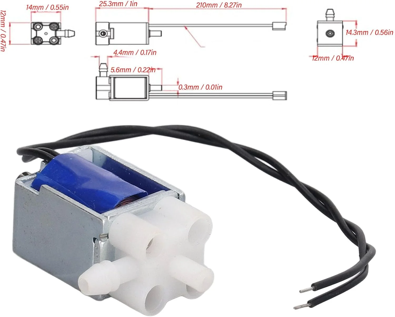 شیر برقی نرمالی باز، 2 موقعیت، 3 راهه، شیر تخلیه الکترومغناطیسی با نازل هوا 0.12 اینچی برای کنترل جریان و جهت سیال (DC6V)