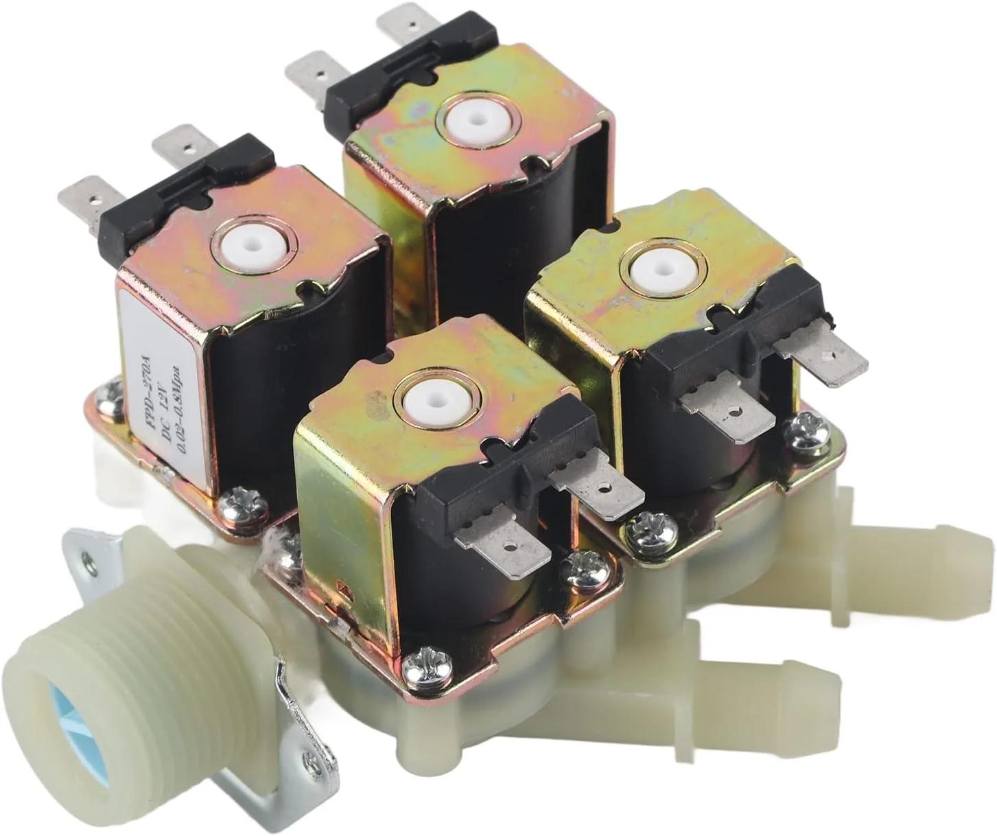 شیر برقی پلاستیکی DC 12V DN20 G3/4 با 1 ورودی و 4 خروجی، شیر تخلیه آب نرمال بسته 11X10X7 3/4، شیر برقی آب ورودی 24 ولت AC مدل Ameri 12V