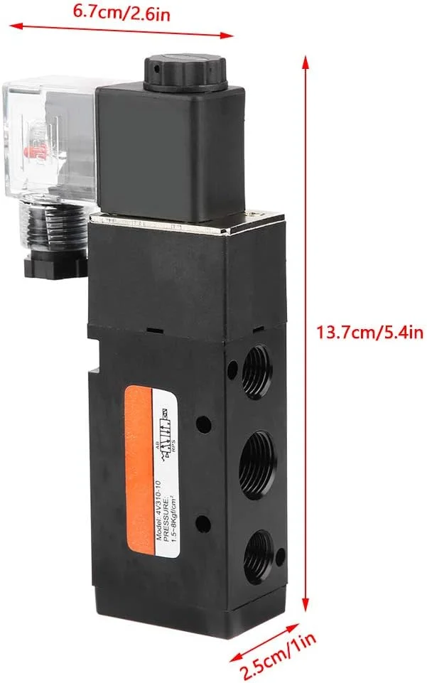 شیر برقی الکترومغناطیسی G3/8 اینچ مدل 4V310-10، شیر برقی 5 پورت 2 حالته با عملکرد پایلوت، آلیاژ آلومینیوم، حالت پایلوت داخلی برای قفل درب الکتریکی (AC220V)، شیر برقی