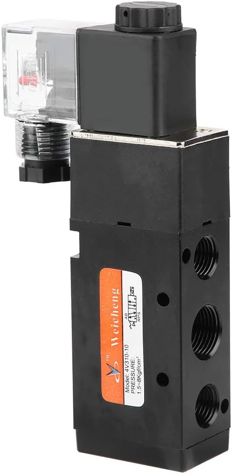 شیر برقی الکترومغناطیسی G3/8 اینچ مدل 4V310-10، شیر برقی 5 پورت 2 حالته با عملکرد پایلوت، آلیاژ آلومینیوم، حالت پایلوت داخلی برای قفل درب الکتریکی (AC220V)، شیر برقی