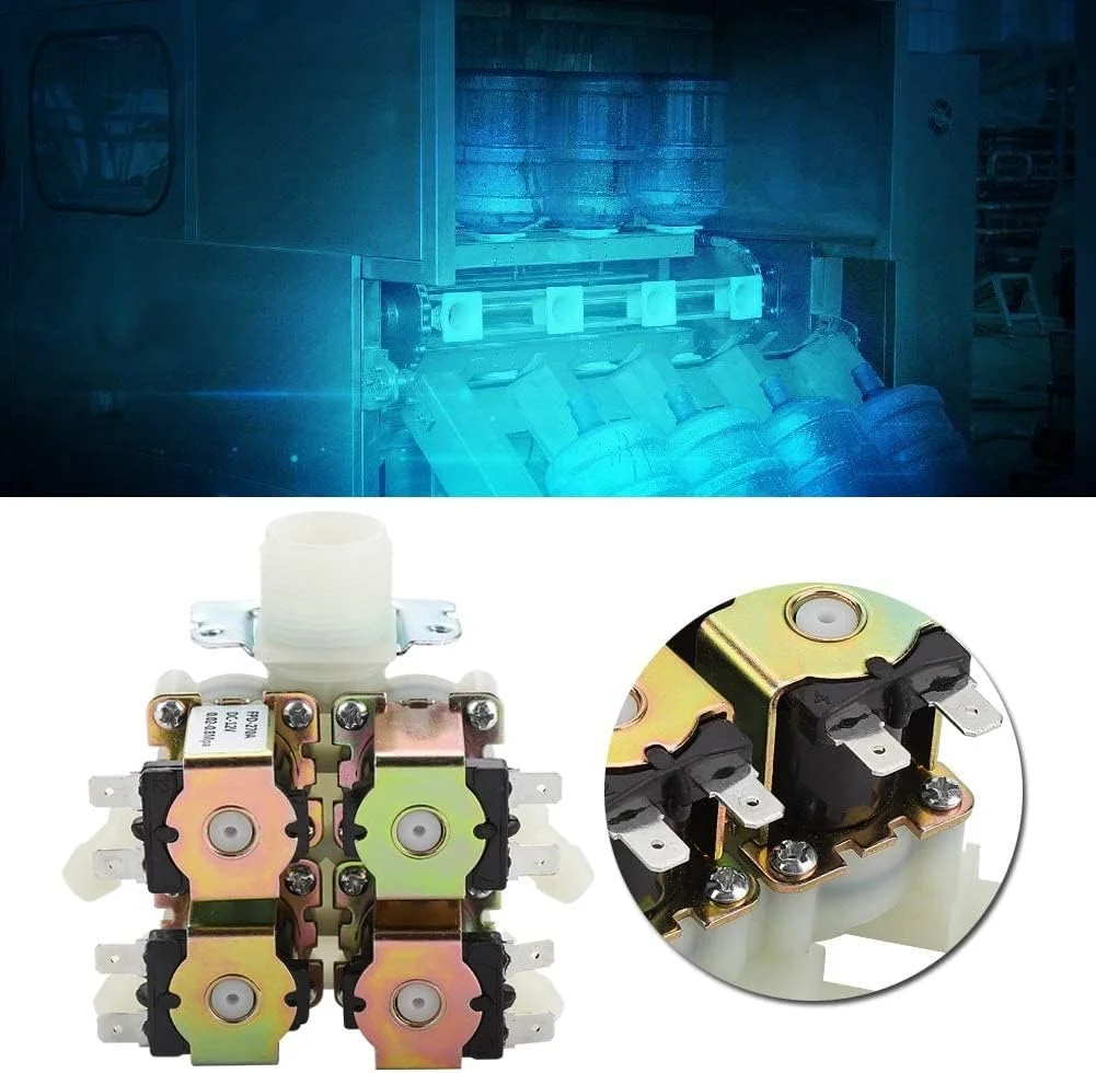 شیر برقی، شیر سلونوئیدی، شیر الکترومغناطیسی G3/4 اینچ 1 ورودی 4 خروجی نرمالی بسته، شیر تخلیه آب N/C، DC 12V DN20