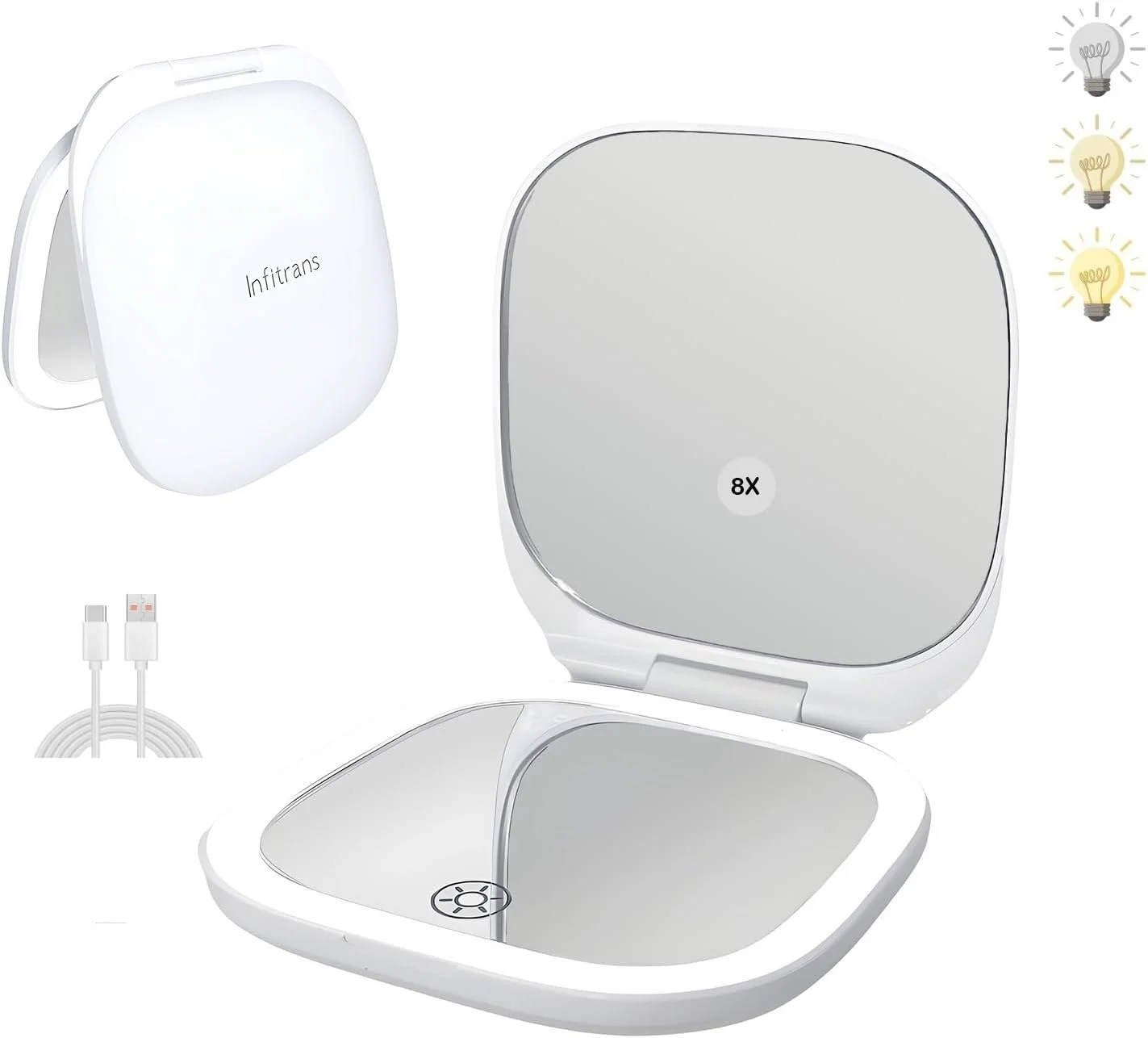 آینه جیبی شارژی اینفیترنز، آینه آرایشی مسافرتی LED جمع و جور با بزرگنمایی 1X/8X با نور در 3 حالت رنگی، آینه کیف پول، 2 طرفه، قابل حمل، تاشو، دستی، آینه کوچک