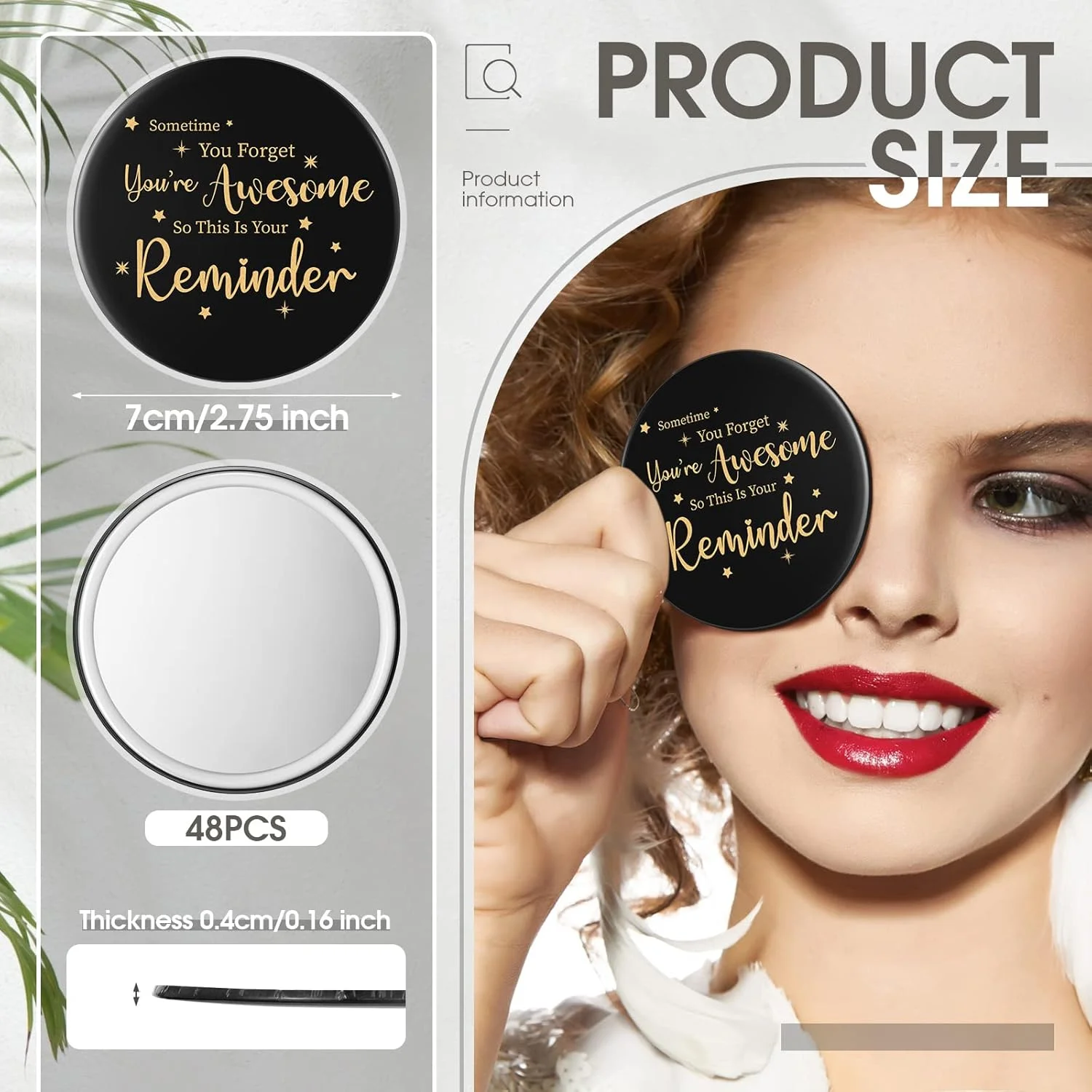 هولری، بسته 48 عددی آینه جیبی گرد الهام بخش، آینه کوچک قابل حمل برای کیف دستی، هدیه تشکر و قدردانی برای مردان، زنان، کودکان، همکاران و دوستان، 7 سانتی متر (مشکی، کلاسیک)