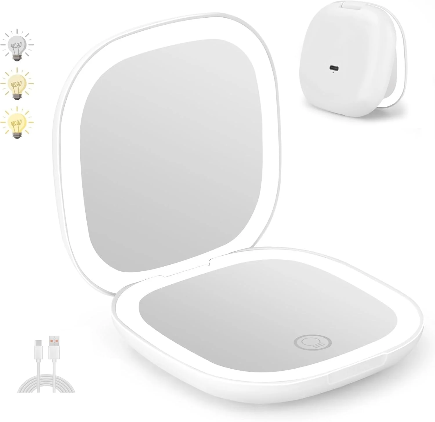 آینه جیبی شارژی Infitrans، آینه آرایشی مسافرتی LED جمع و جور با بزرگنمایی 1X/5X با نور در 3 حالت رنگی، آینه کیف پول، 2 طرفه، قابل حمل، تاشو، دستی، آینه کوچک