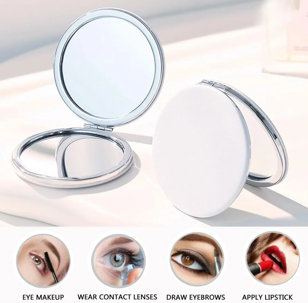 آینه آرایشی تاشو هوتو، آینه کوچک دو طرفه با بزرگنمایی 1X/2X، روکش چرم PU، آینه مینی برای کیف پول، جیب، مسافرت، سفید 7 سانتی متر