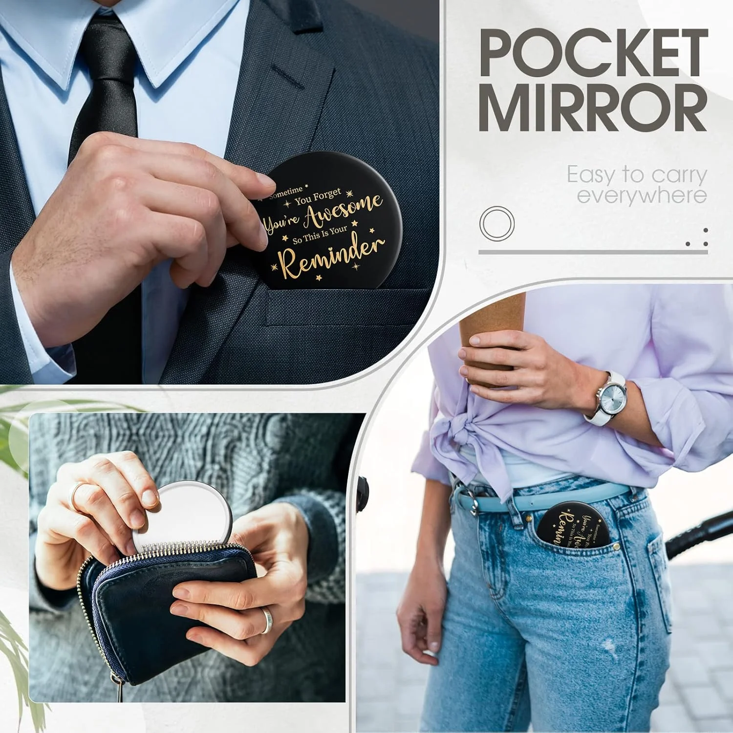 هولری، بسته 48 عددی آینه جیبی گرد الهام بخش، آینه کوچک قابل حمل برای کیف دستی، هدیه تشکر و قدردانی برای مردان، زنان، کودکان، همکاران و دوستان، 7 سانتی متر (مشکی، کلاسیک)