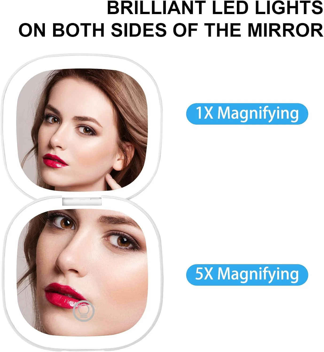 آینه جیبی شارژی Infitrans، آینه آرایشی مسافرتی LED جمع و جور با بزرگنمایی 1X/5X با نور در 3 حالت رنگی، آینه کیف پول، 2 طرفه، قابل حمل، تاشو، دستی، آینه کوچک