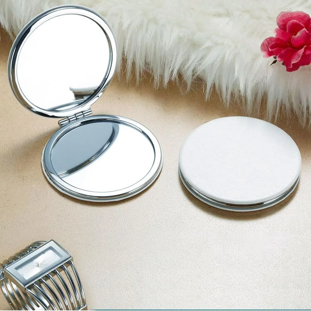 آینه آرایشی تاشو هوتو، آینه کوچک دو طرفه با بزرگنمایی 1X/2X، روکش چرم PU، آینه مینی برای کیف پول، جیب، مسافرت، سفید 7 سانتی متر
