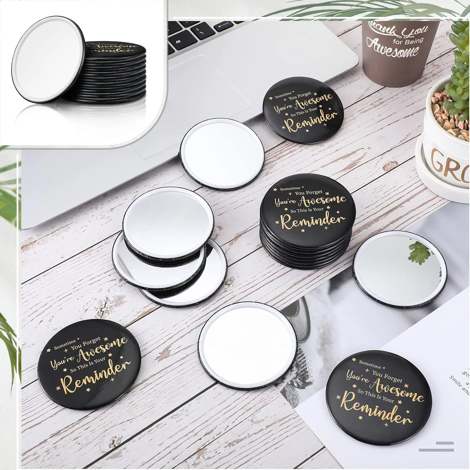 هولری، بسته 48 عددی آینه جیبی گرد الهام بخش، آینه کوچک قابل حمل برای کیف دستی، هدیه تشکر و قدردانی برای مردان، زنان، کودکان، همکاران و دوستان، 7 سانتی متر (مشکی، کلاسیک)