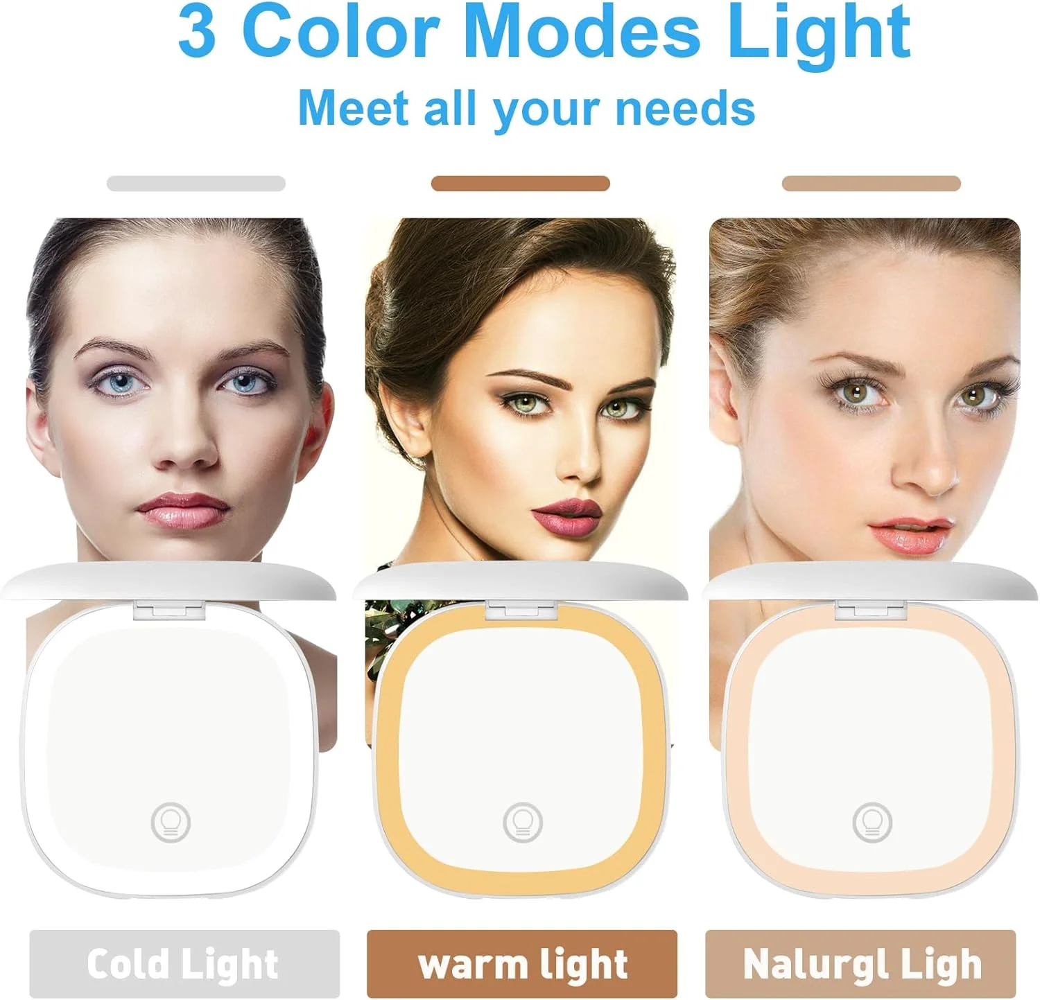 آینه جیبی شارژی Infitrans، آینه آرایشی مسافرتی LED جمع و جور با بزرگنمایی 1X/5X با نور در 3 حالت رنگی، آینه کیف پول، 2 طرفه، قابل حمل، تاشو، دستی، آینه کوچک