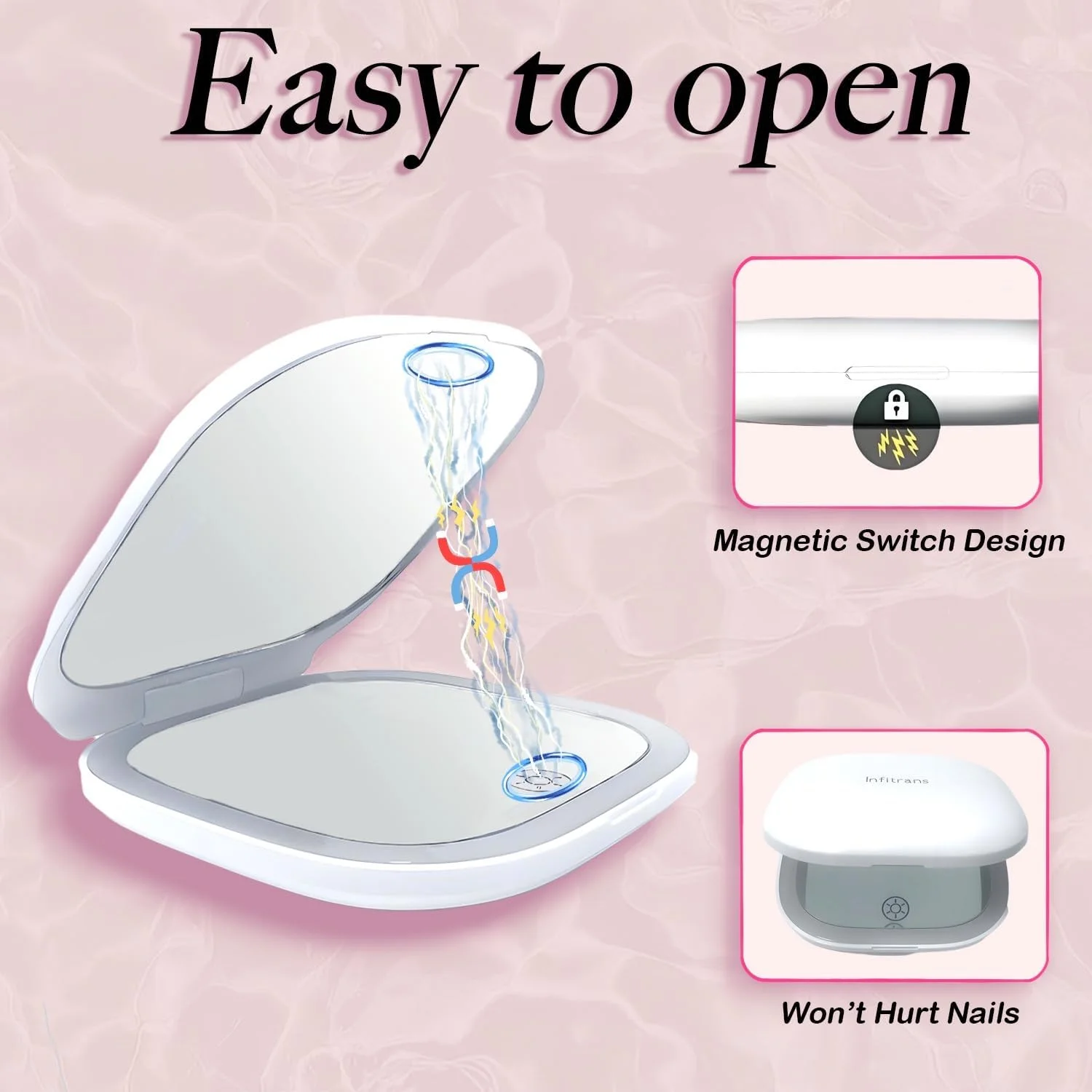 آینه جیبی شارژی اینفیترنز، آینه آرایشی مسافرتی LED جمع و جور با بزرگنمایی 1X/8X با نور در 3 حالت رنگی، آینه کیف پول، 2 طرفه، قابل حمل، تاشو، دستی، آینه کوچک