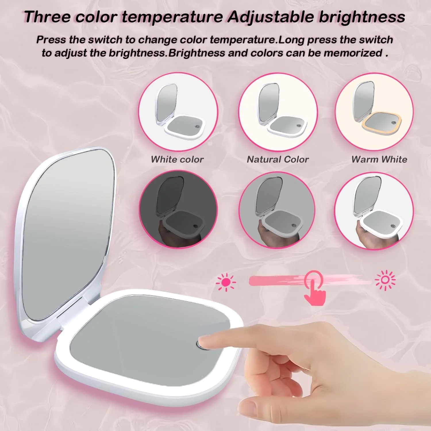 آینه جیبی شارژی اینفیترنز، آینه آرایشی مسافرتی LED جمع و جور با بزرگنمایی 1X/8X با نور در 3 حالت رنگی، آینه کیف پول، 2 طرفه، قابل حمل، تاشو، دستی، آینه کوچک