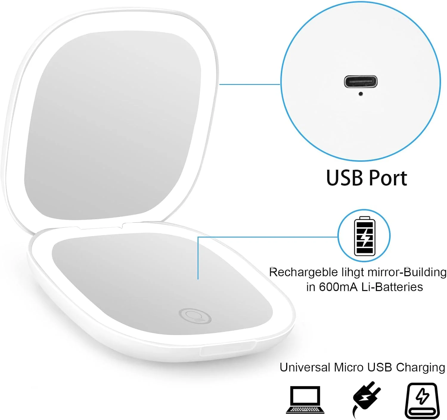 آینه جیبی شارژی Infitrans، آینه آرایشی مسافرتی LED جمع و جور با بزرگنمایی 1X/5X با نور در 3 حالت رنگی، آینه کیف پول، 2 طرفه، قابل حمل، تاشو، دستی، آینه کوچک