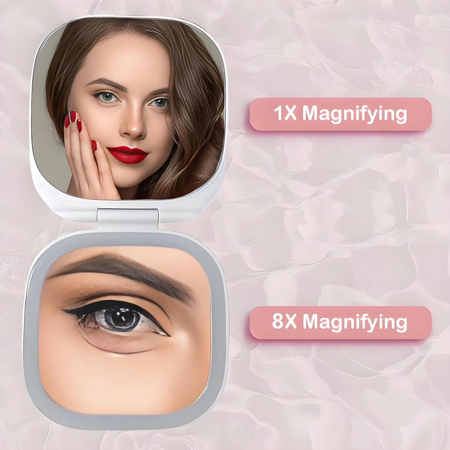 آینه جیبی شارژی اینفیترنز، آینه آرایشی مسافرتی LED جمع و جور با بزرگنمایی 1X/8X با نور در 3 حالت رنگی، آینه کیف پول، 2 طرفه، قابل حمل، تاشو، دستی، آینه کوچک