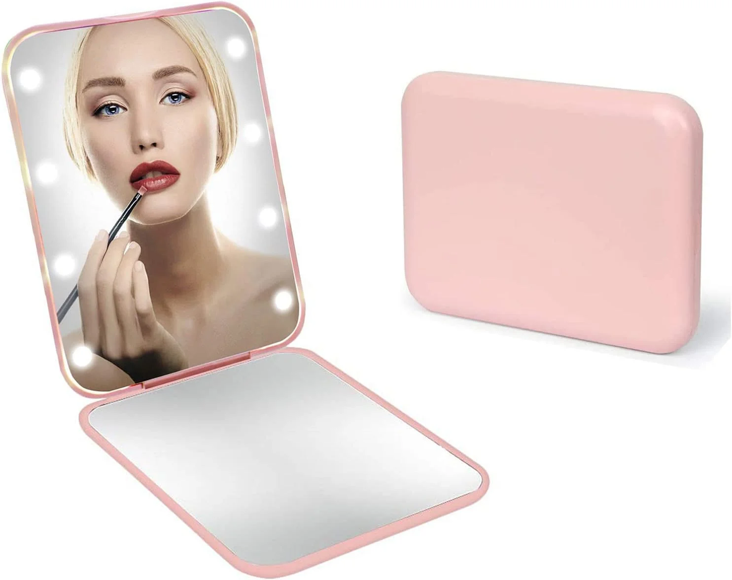 آینه جیبی HBSTUDIO، آینه آرایشی مسافرتی LED جمع و جور با بزرگنمایی 1X/2X، آینه جمع و جور با نور، آینه کیف دستی، دو طرفه، قابل حمل، تاشو، دستی، آینه کوچک روشن برای هدیه (صورتی)