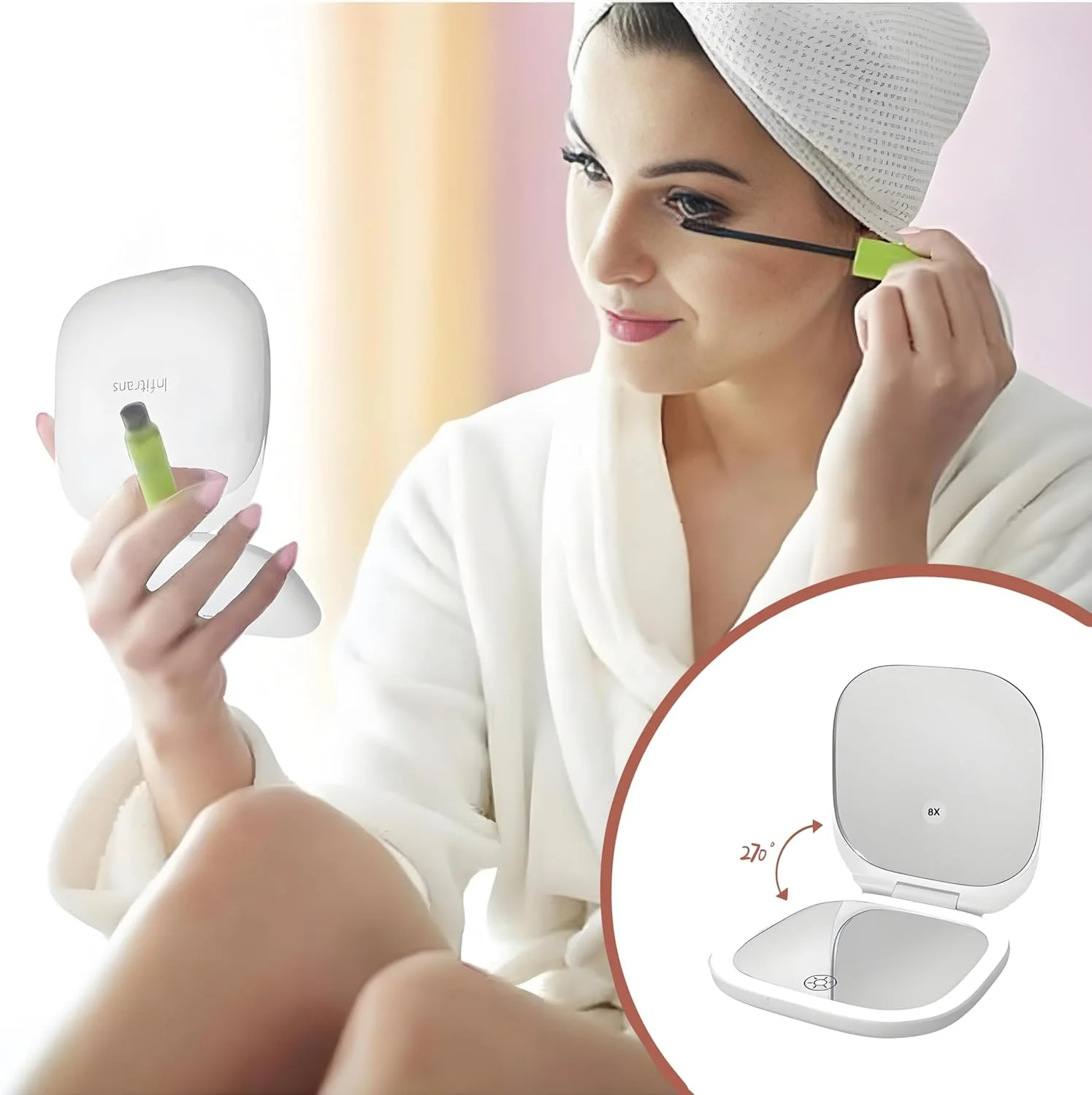 آینه جیبی شارژی اینفیترنز، آینه آرایشی مسافرتی LED جمع و جور با بزرگنمایی 1X/8X با نور در 3 حالت رنگی، آینه کیف پول، 2 طرفه، قابل حمل، تاشو، دستی، آینه کوچک