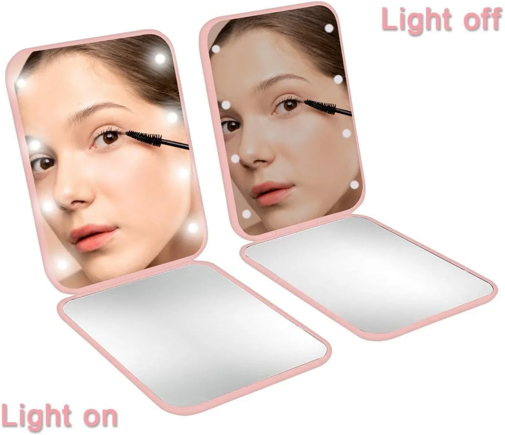 آینه جیبی HBSTUDIO، آینه آرایشی مسافرتی LED جمع و جور با بزرگنمایی 1X/2X، آینه جمع و جور با نور، آینه کیف دستی، دو طرفه، قابل حمل، تاشو، دستی، آینه کوچک روشن برای هدیه (صورتی)