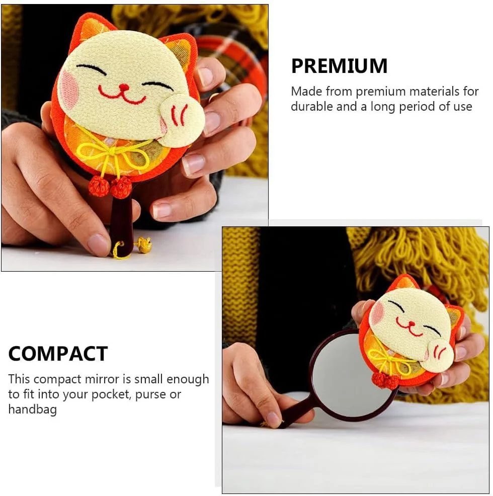 آینه جیبی HEALLILY، آینه دستی طرح گربه خوش شانس ژاپنی Maneki Neko، آینه سبک وزن، آینه آرایشی مسافرتی قابل حمل، رنگ تصادفی، آینه دو طرفه