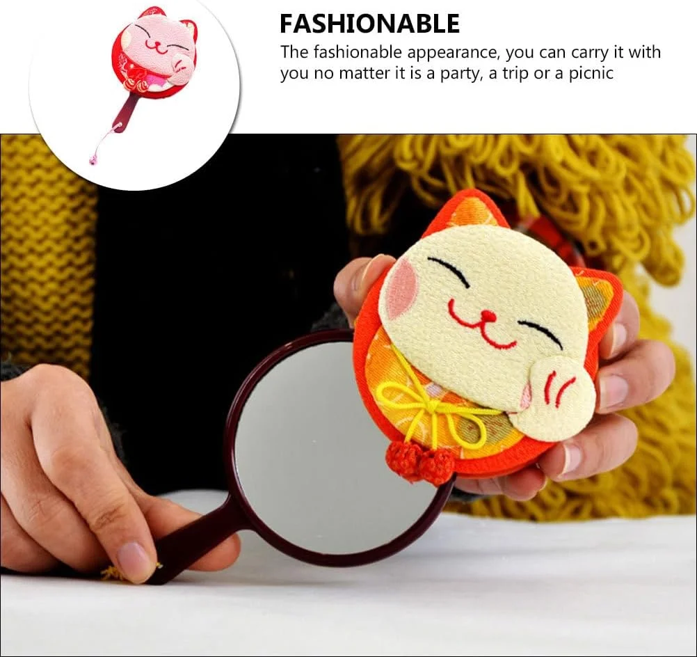 آینه جیبی HEALLILY، آینه دستی طرح گربه خوش شانس ژاپنی Maneki Neko، آینه سبک وزن، آینه آرایشی مسافرتی قابل حمل، رنگ تصادفی، آینه دو طرفه