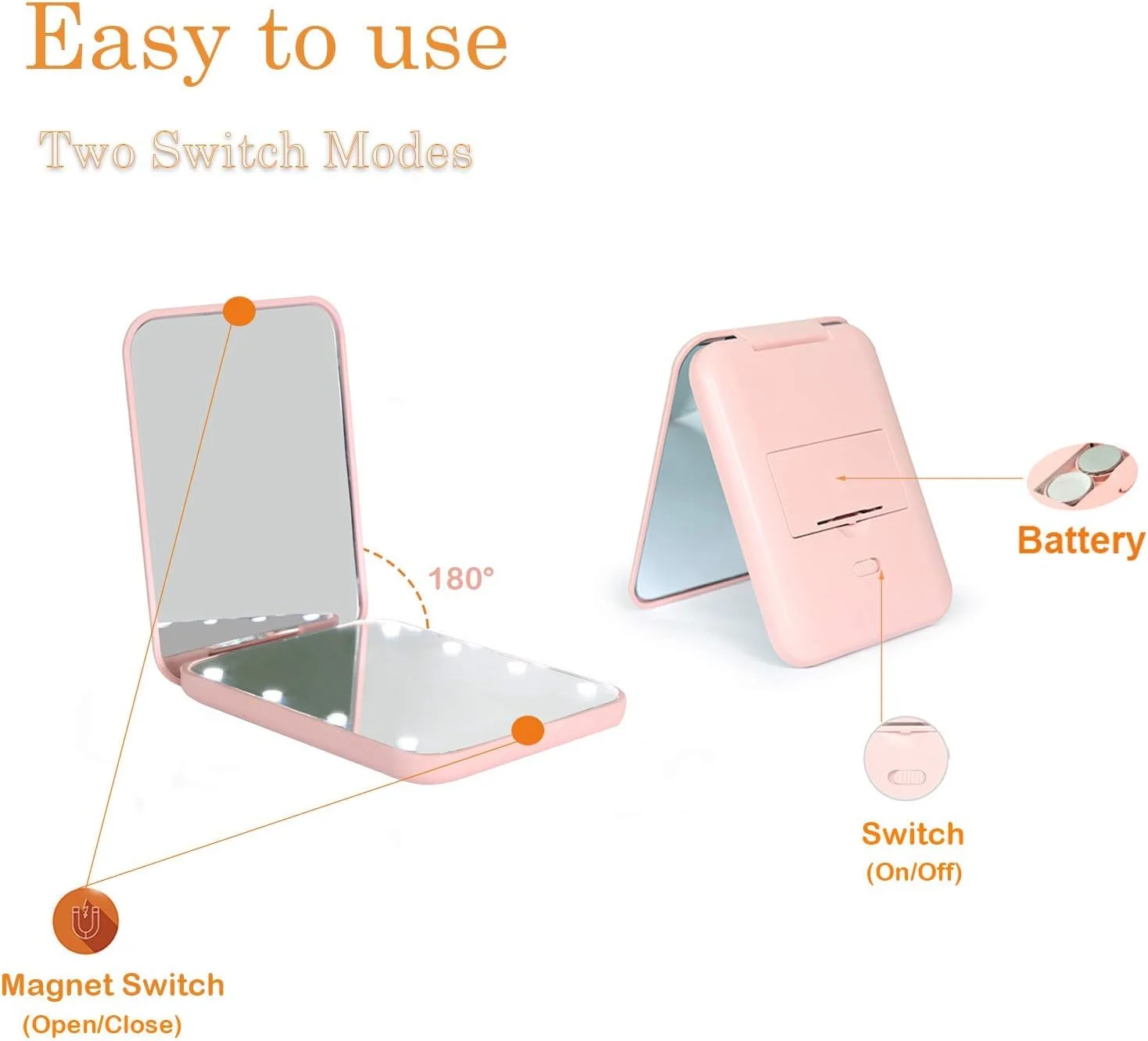 آینه جیبی HBSTUDIO، آینه آرایشی مسافرتی LED جمع و جور با بزرگنمایی 1X/2X، آینه جمع و جور با نور، آینه کیف دستی، دو طرفه، قابل حمل، تاشو، دستی، آینه کوچک روشن برای هدیه (صورتی)