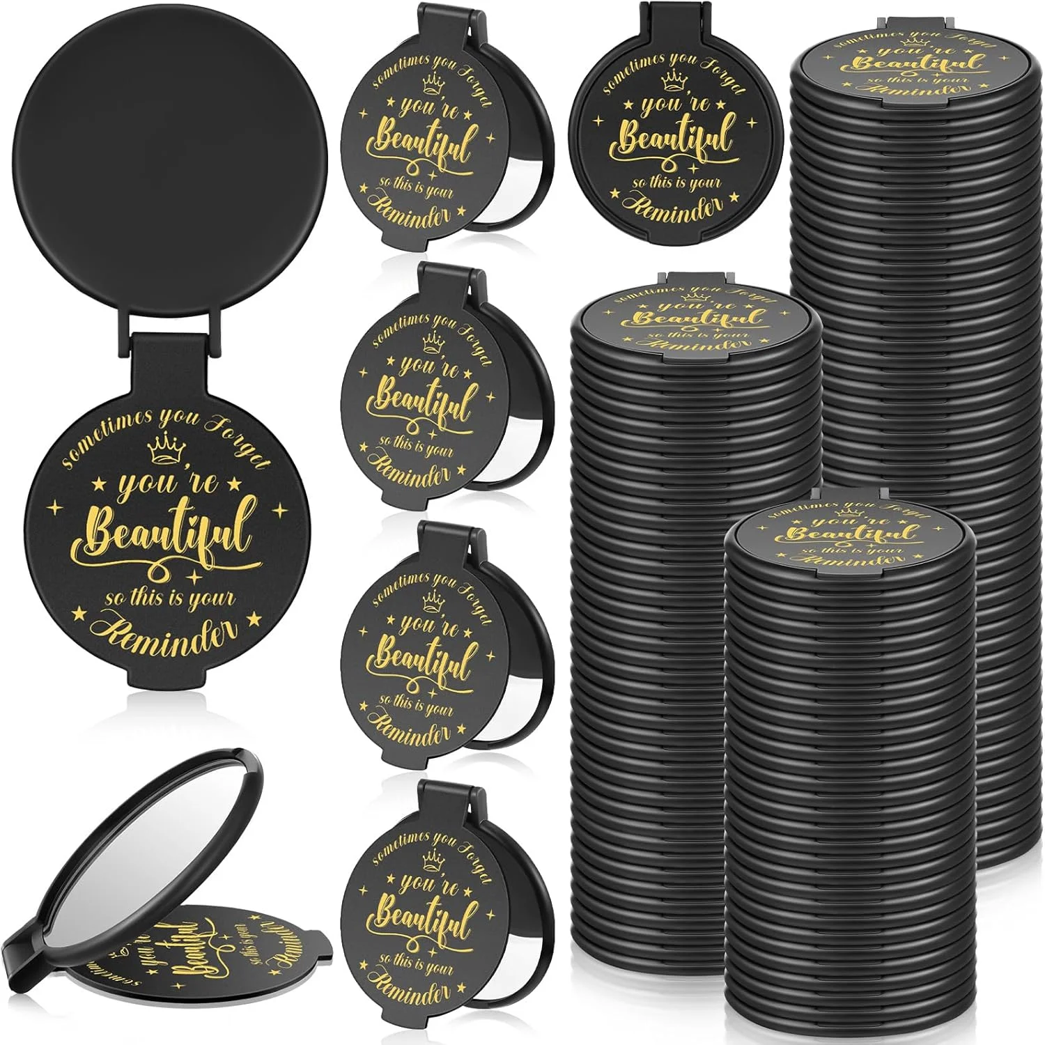 آینه آرایشی جیبی Gulfmew، بسته 100 عددی، قطر 7 سانتیمتر، آینه گرد کوچک الهام بخش، مناسب کیف پول، هدیه برای زنان، دختران، همکاران، پرستاران و دوستان (مشکی)