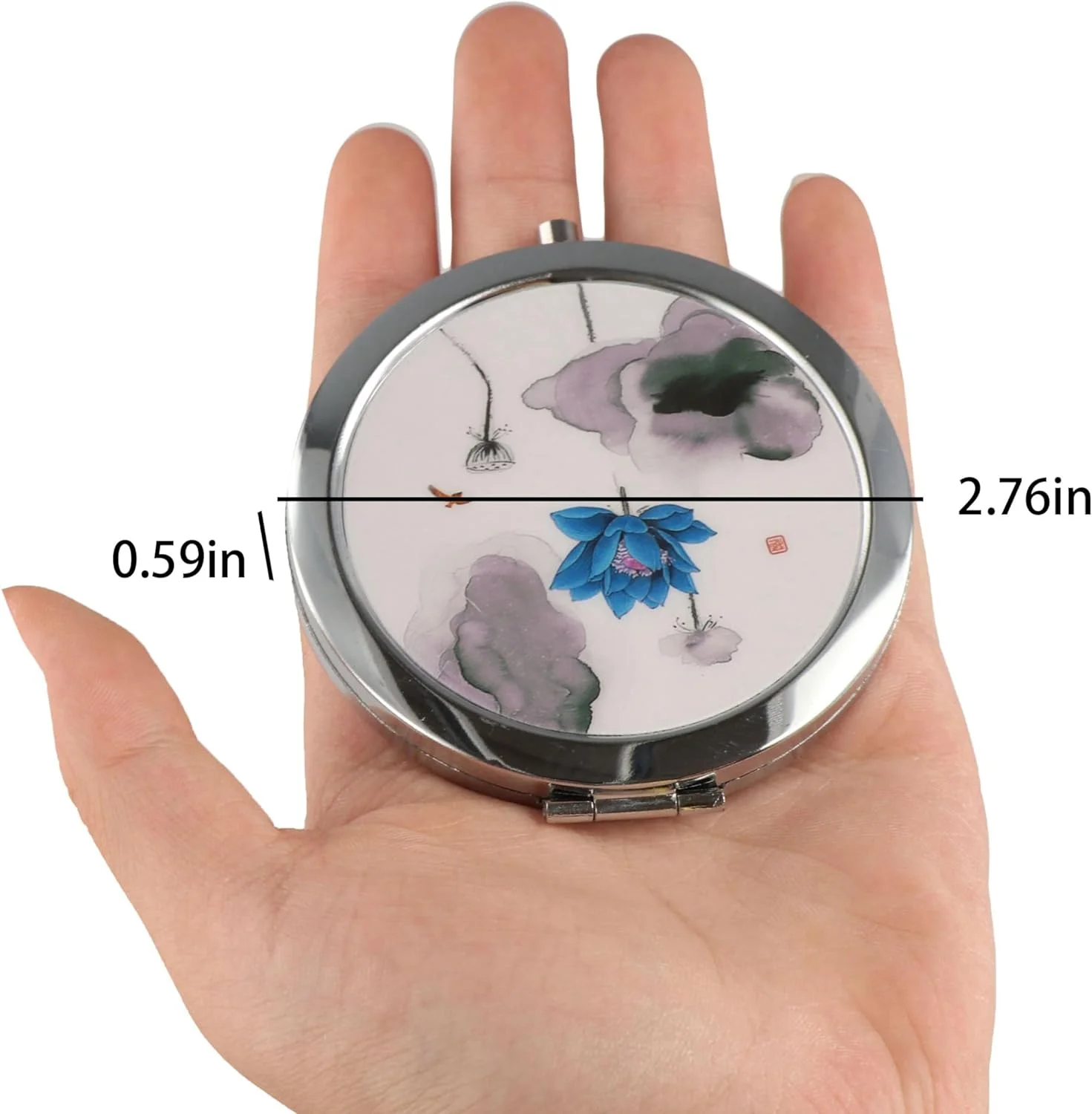 آینه آرایشی فلزی طرح لوتوس GUDEKIKL، آینه تاشو با طرح جوهر چینی، آینه جیبی دو طرفه بزرگنمایی 2.76 اینچی، آینه کوچک قابل حمل برای مسافرت (2 عدد)