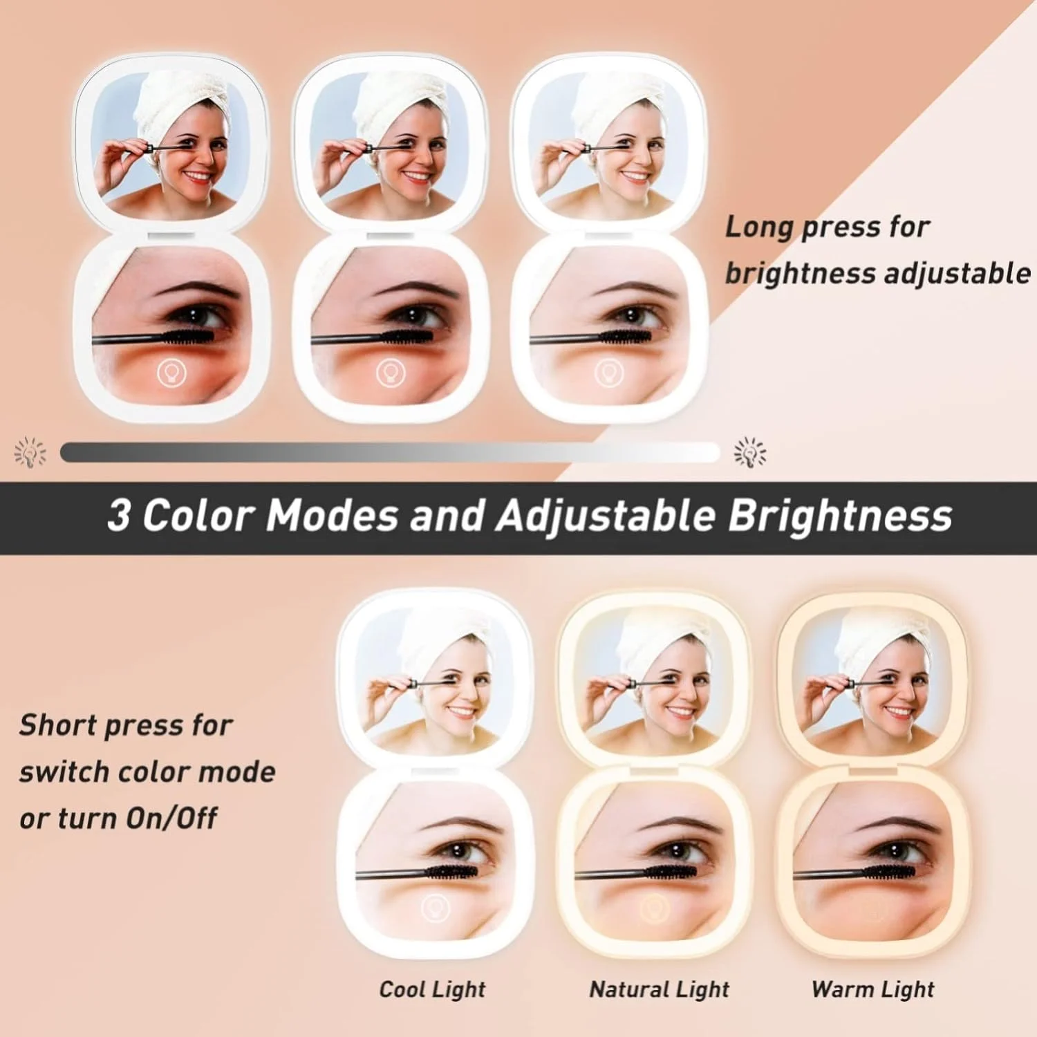 آینه جیبی LED GUFAC، آینه دو طرفه با بزرگنمایی 1x/10x و نور، آینه آرایشی مسافرتی، آینه جیبی 3.5 اینچی مناسب کیف دستی (صورتی)