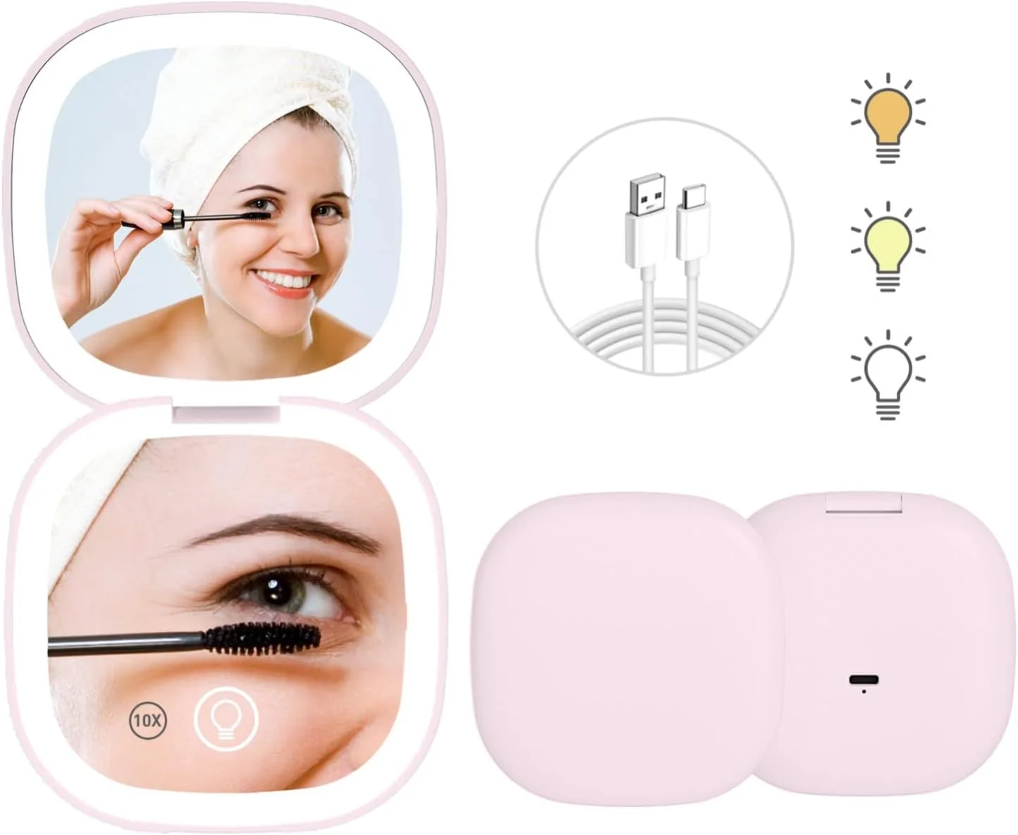 آینه جیبی LED GUFAC، آینه دو طرفه با بزرگنمایی 1x/10x و نور، آینه آرایشی مسافرتی، آینه جیبی 3.5 اینچی مناسب کیف دستی (صورتی)