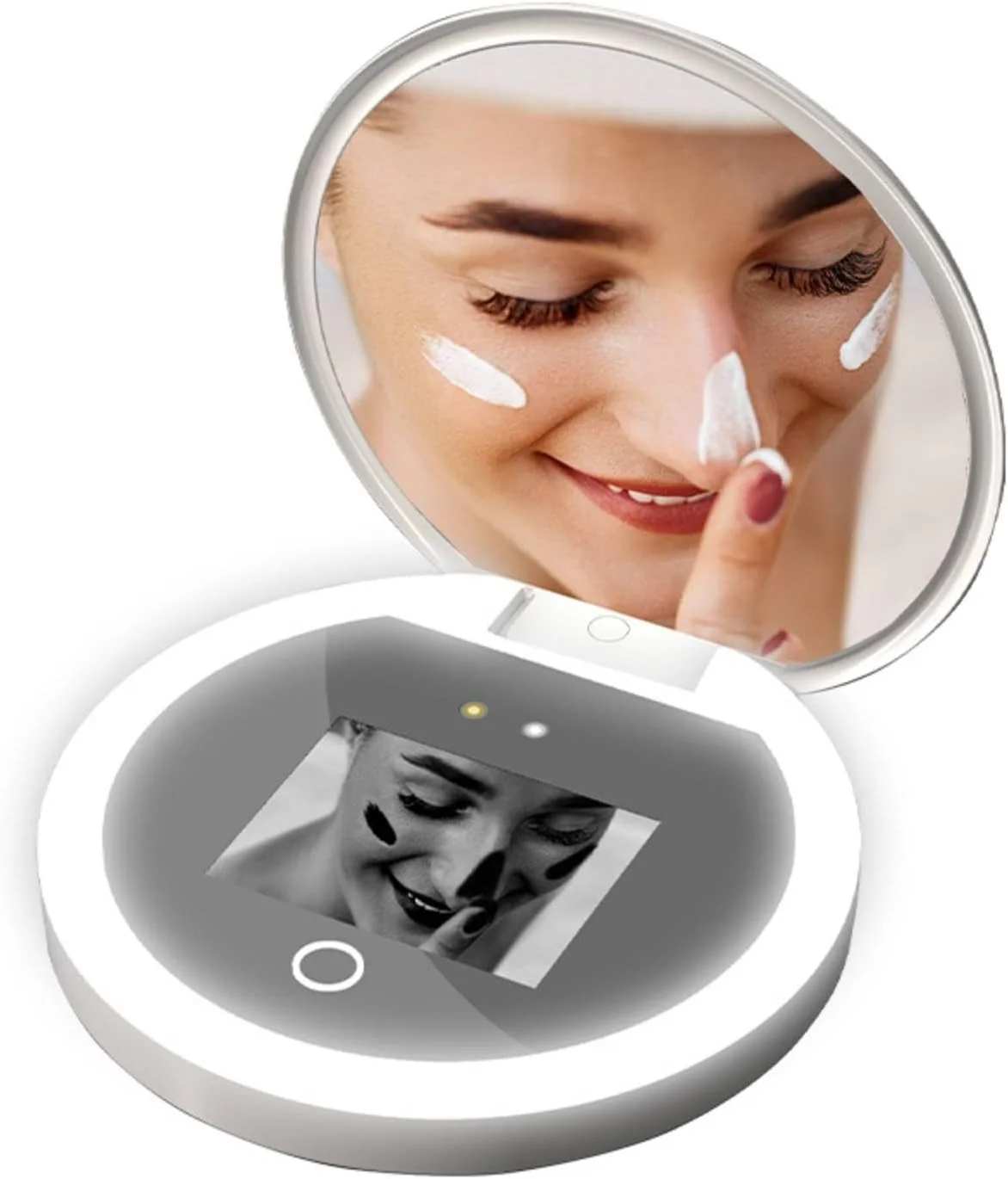 آینه تست محافظت از آفتاب Goshyda با دوربین UV، بزرگنمایی 2 برابر، آینه آرایشی مسافرتی جمع و جور UV با نور، بررسی کرم های ضد آفتاب صورت، آینه جیبی 3.5 اینچی