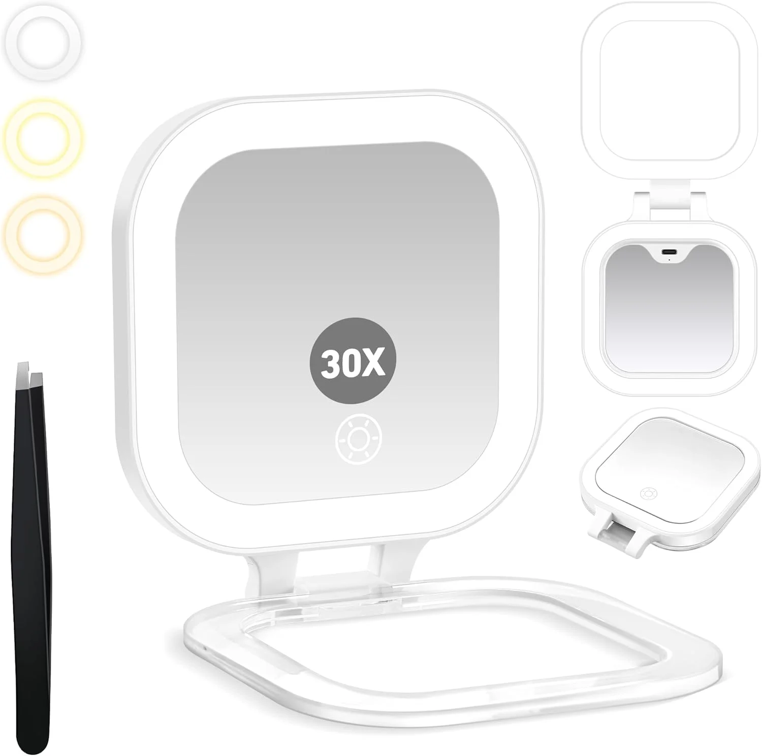 آینه مسافرتی GOMIPURU با نور، آینه بزرگنمایی 1x/30x با 3 رنگ نور و روشنایی قابل تنظیم، آینه های جیبی کوچک تاشو برای آویزان کردن دستی 4.5" x 3.9"، عرضه می شود