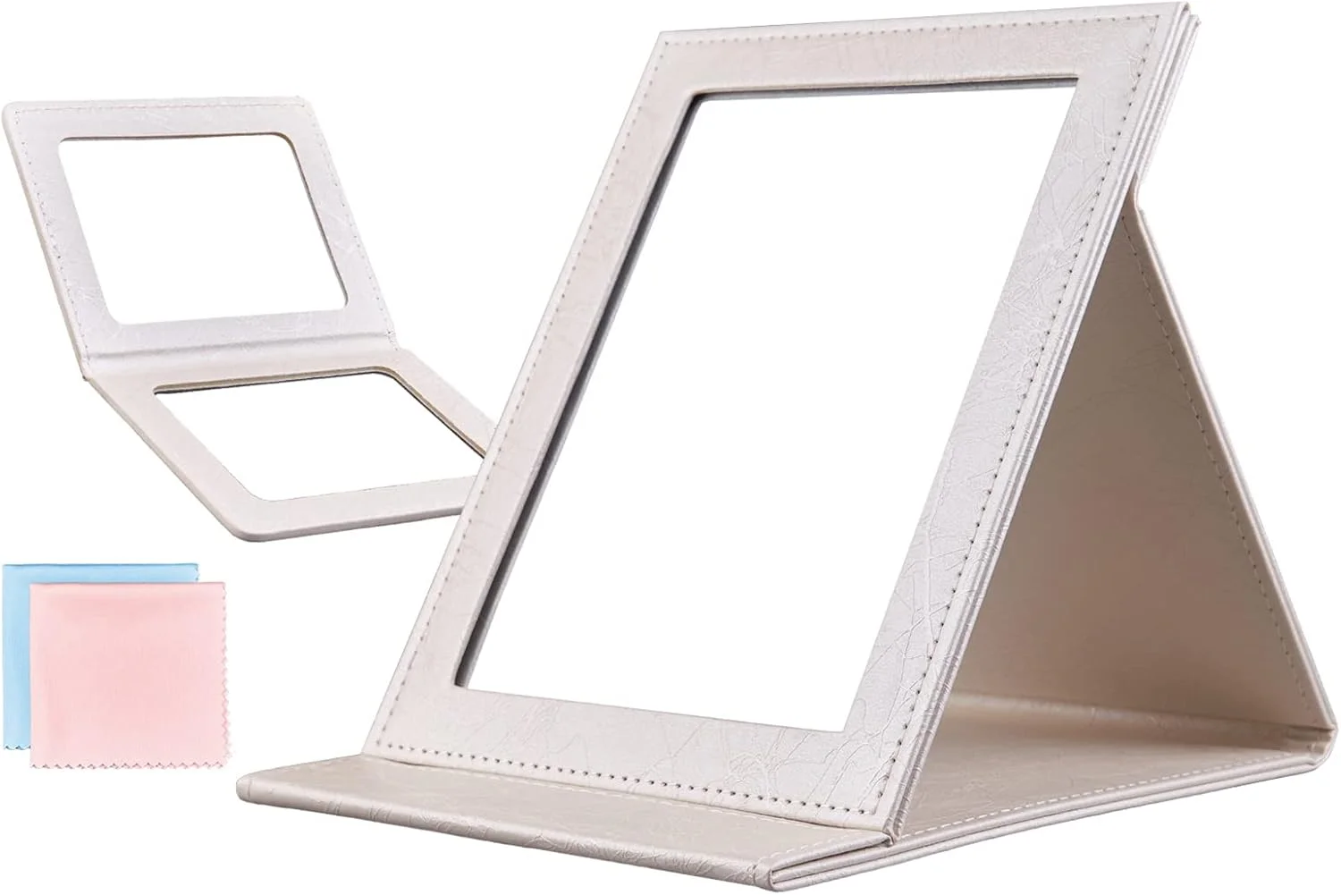 آینه آرایشی تاشو قابل حمل FITDON، بسته 2 عددی، آینه رومیزی مسافرتی با پایه، آینه رومیزی چرمی PU جمع و جور آینه آرایشی تاشو قابل حمل FITDON، بسته 2 عددی، آینه رومیزی مسافرتی با پایه، آینه رومیزی چرمی PU جمع و جور