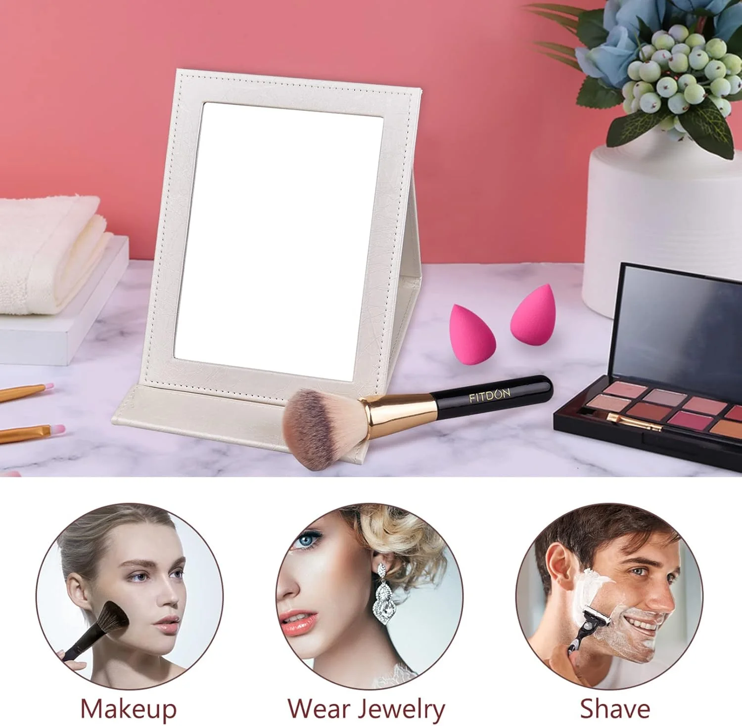 آینه آرایشی تاشو قابل حمل FITDON، بسته 2 عددی، آینه رومیزی مسافرتی با پایه، آینه رومیزی چرمی PU جمع و جور