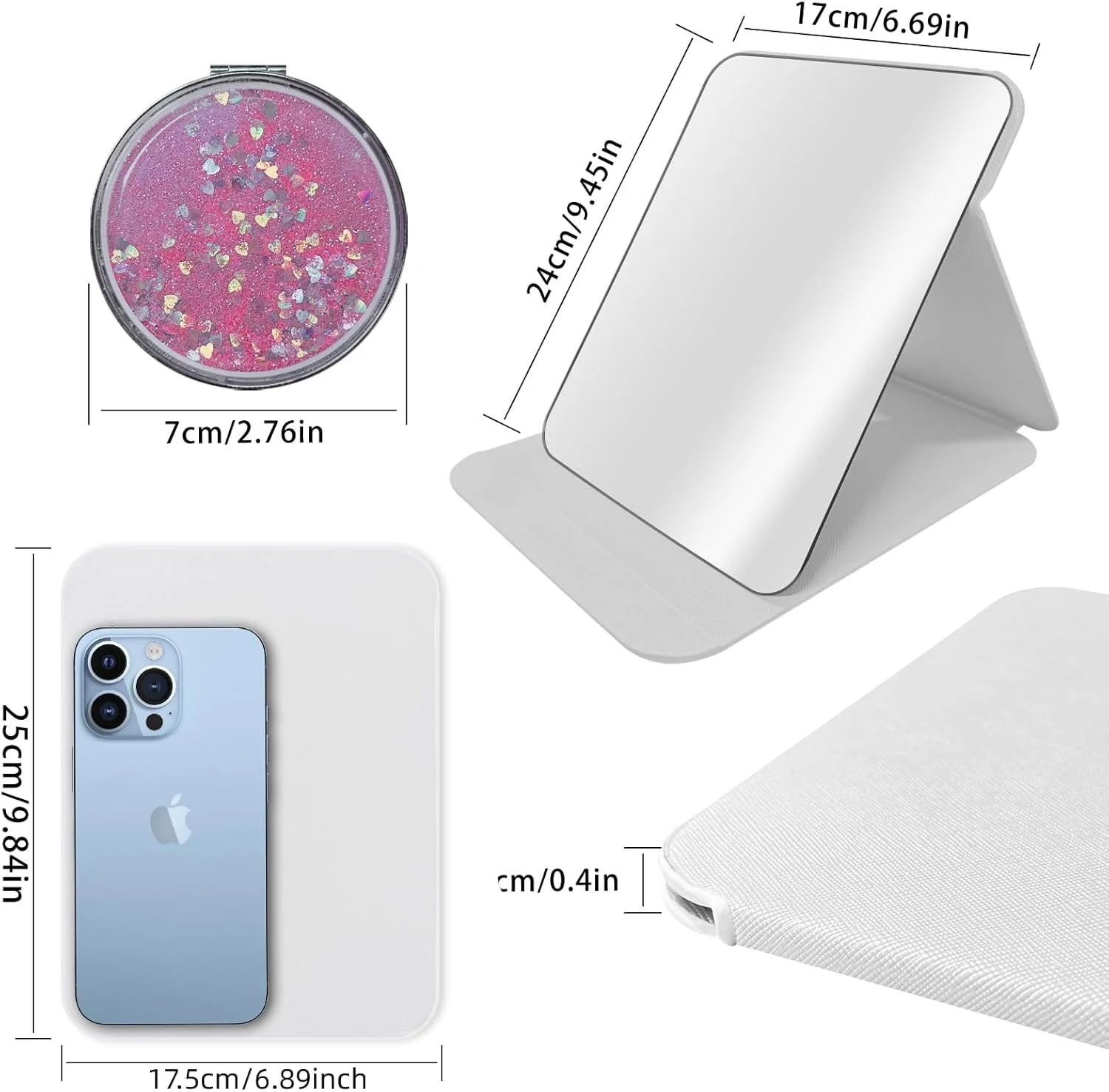 آینه رومیزی تاشو FINEASY، 24x17.5 سانتی متر، آینه مسافرتی چرمی PU با یک آینه دایره ای کوچک، آینه فشرده فوق العاده HD با پایه قابل حمل، آینه های آرایشی برای میز کار اداری کمپینگ (سفید)