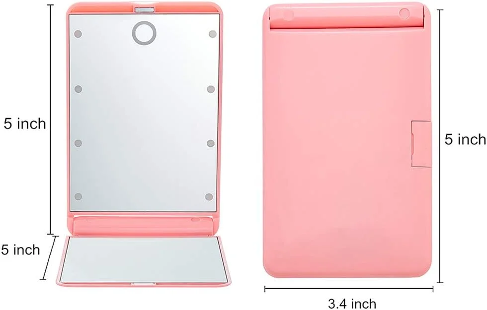 آینه آرایشی مسافرتی Feruaro، آینه آرایشی قابل حمل با نور LED و 8 چراغ LED قابل تنظیم، آینه مسافرتی با کلید لمسی، آینه تاشو جمع و جور با بزرگنمایی 1X و 2X (صورتی)