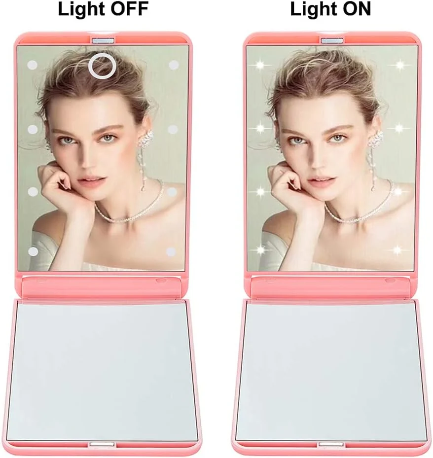 آینه آرایشی مسافرتی Feruaro، آینه آرایشی قابل حمل با نور LED و 8 چراغ LED قابل تنظیم، آینه مسافرتی با کلید لمسی، آینه تاشو جمع و جور با بزرگنمایی 1X و 2X (صورتی)