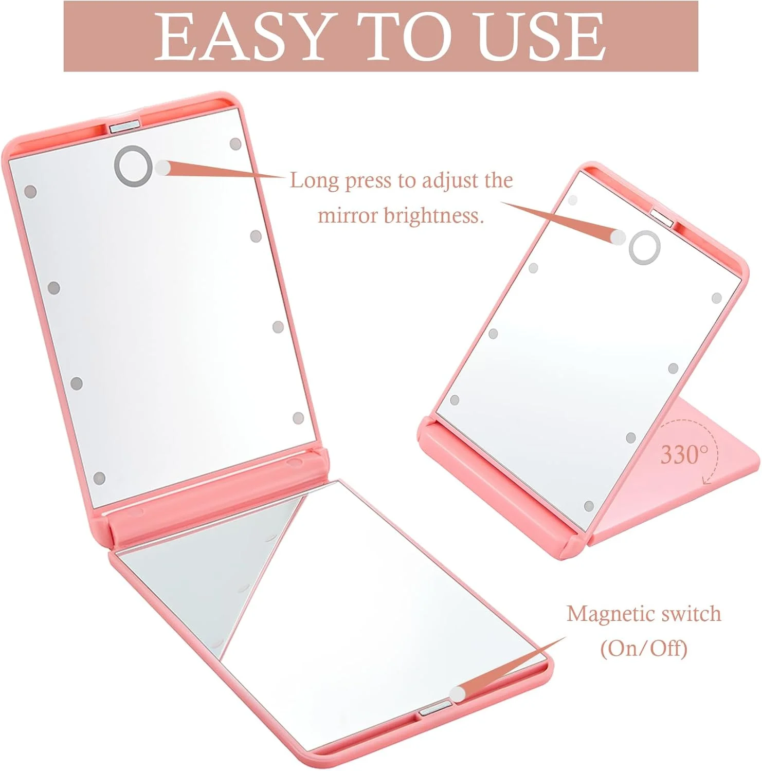 آینه آرایشی مسافرتی Feruaro، آینه آرایشی قابل حمل با نور LED و 8 چراغ LED قابل تنظیم، آینه مسافرتی با کلید لمسی، آینه تاشو جمع و جور با بزرگنمایی 1X و 2X (صورتی)