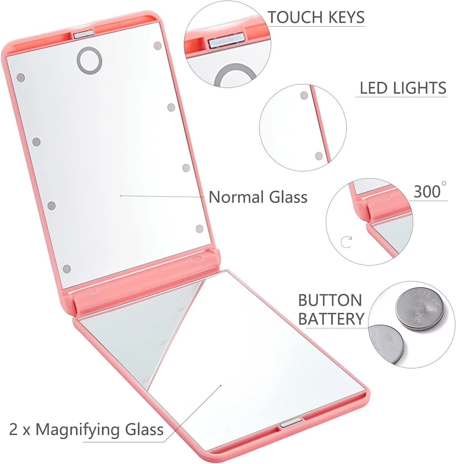 آینه آرایشی مسافرتی Feruaro، آینه آرایشی قابل حمل با نور LED و 8 چراغ LED قابل تنظیم، آینه مسافرتی با کلید لمسی، آینه تاشو جمع و جور با بزرگنمایی 1X و 2X (صورتی)