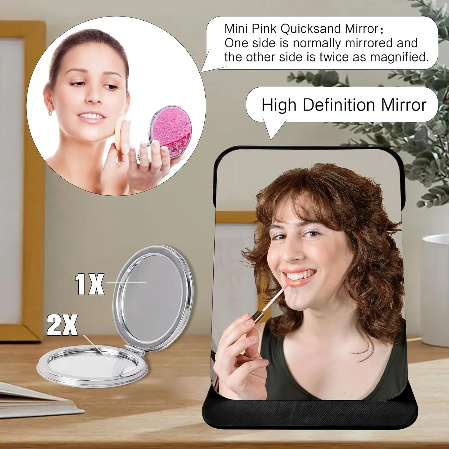 آینه رومیزی تاشو FINEASY، 24x17.5 سانتی متر، آینه مسافرتی چرمی PU با یک آینه دایره ای کوچک، آینه فشرده فوق العاده HD با پایه قابل حمل، آینه های آرایشی برای میز کار اداری کمپینگ (سفید)