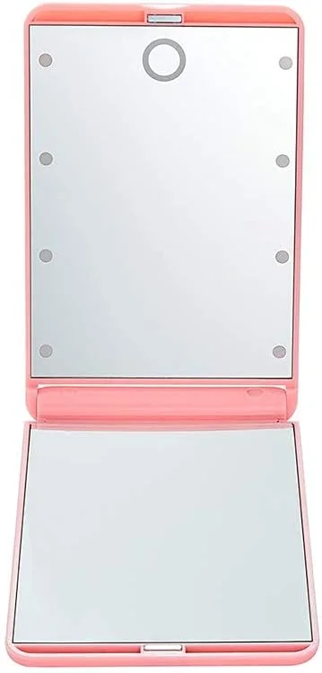 آینه آرایشی مسافرتی Feruaro، آینه آرایشی قابل حمل با نور LED و 8 چراغ LED قابل تنظیم، آینه مسافرتی با کلید لمسی، آینه تاشو جمع و جور با بزرگنمایی 1X و 2X (صورتی)