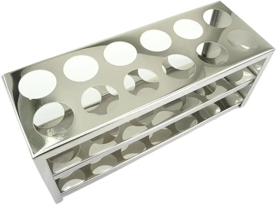 تجهیزات آزمایشگاهی: استند لوله آزمایش فولاد ضد زنگ با 12 سوراخ 30 میلی متری، نگهدارنده و محل نگهداری لوله آزمایش