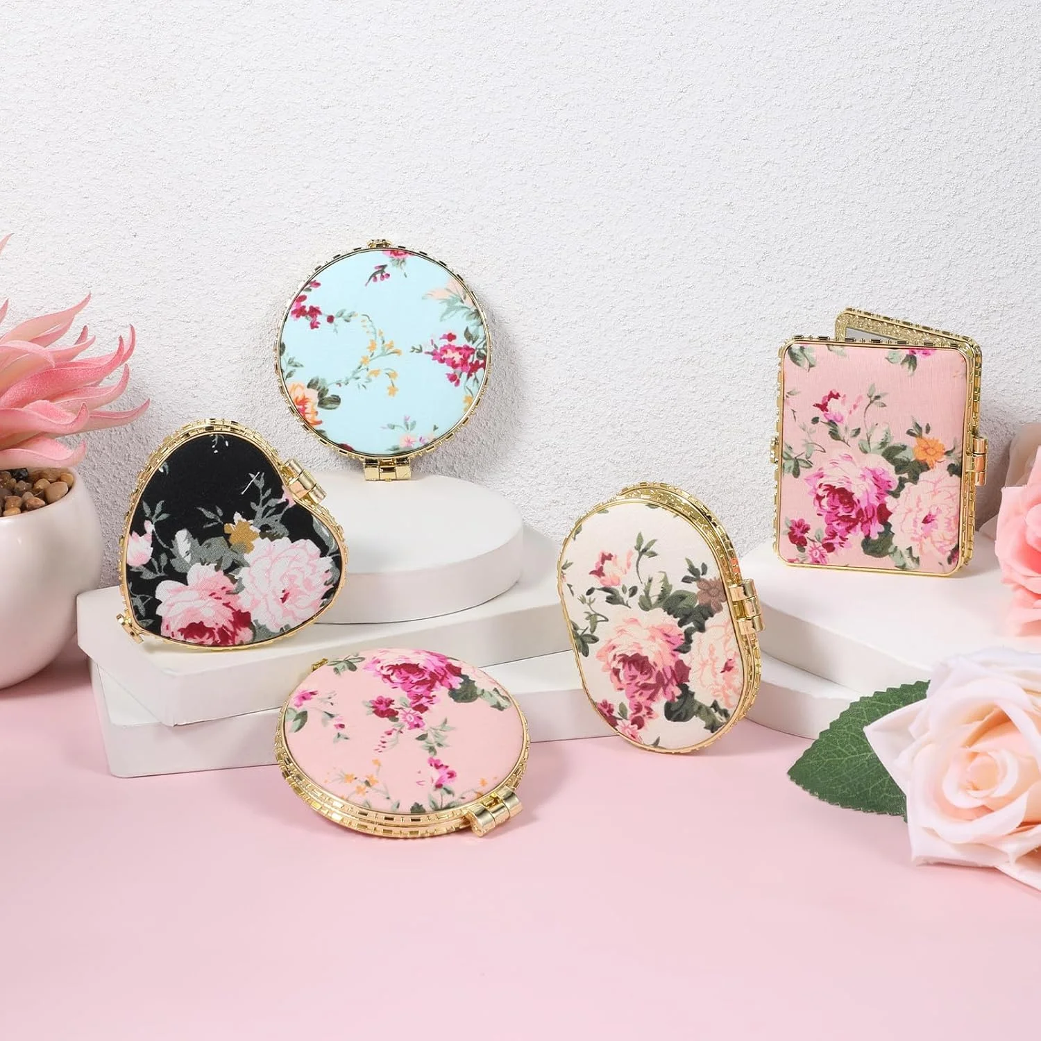EupHHonycs بسته 16 عددی آینه کوچک جیبی با طرح گل رز، آینه آرایشی مسافرتی تاشو و قابل حمل با طرح گل، مناسب مهمانی چای، هدیه برای خانم ها