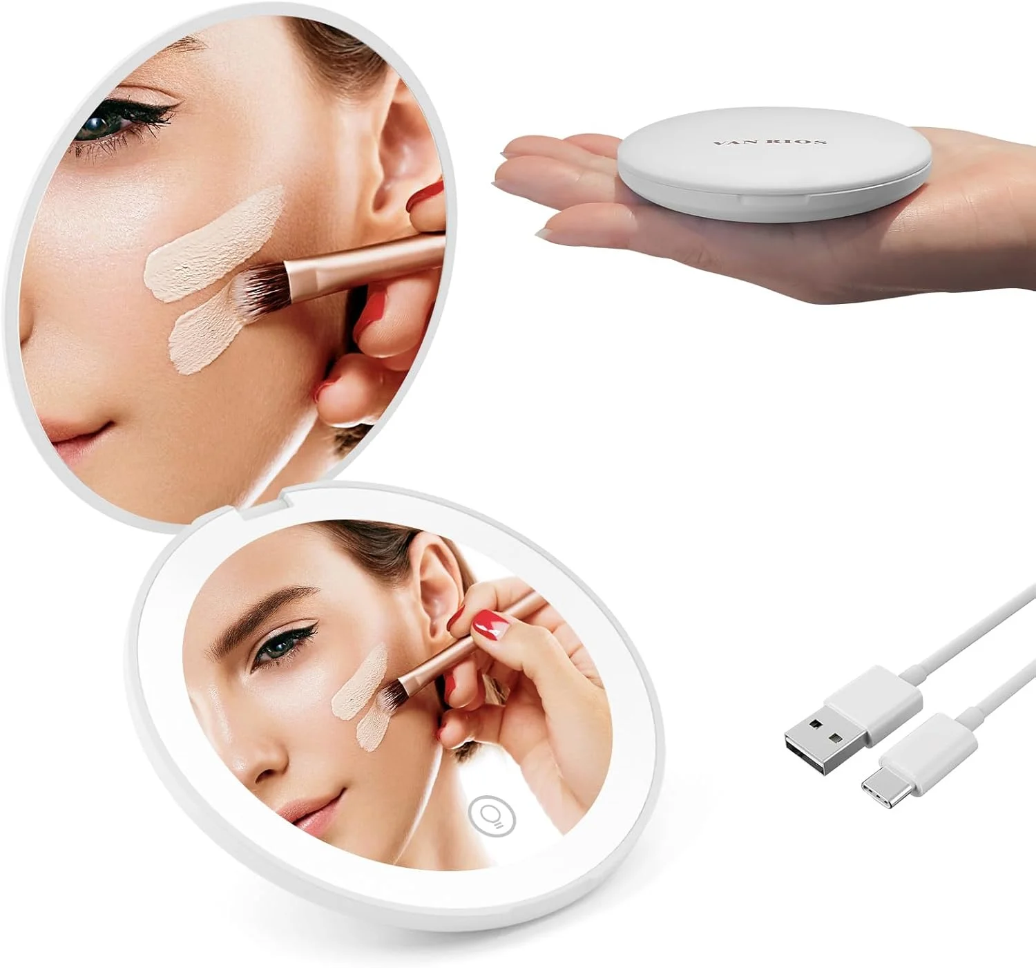 آینه آرایشی مسافرتی قابل شارژ جمع و جور 3.5 اینچی، بزرگنمایی 10 برابر، طراحی تاشو دایره ای دو طرفه، آینه جیبی LED دار، آینه قابل حمل مناسب برای زنان، دختران، دانشجویان، هدیه ایده آل (سفید)