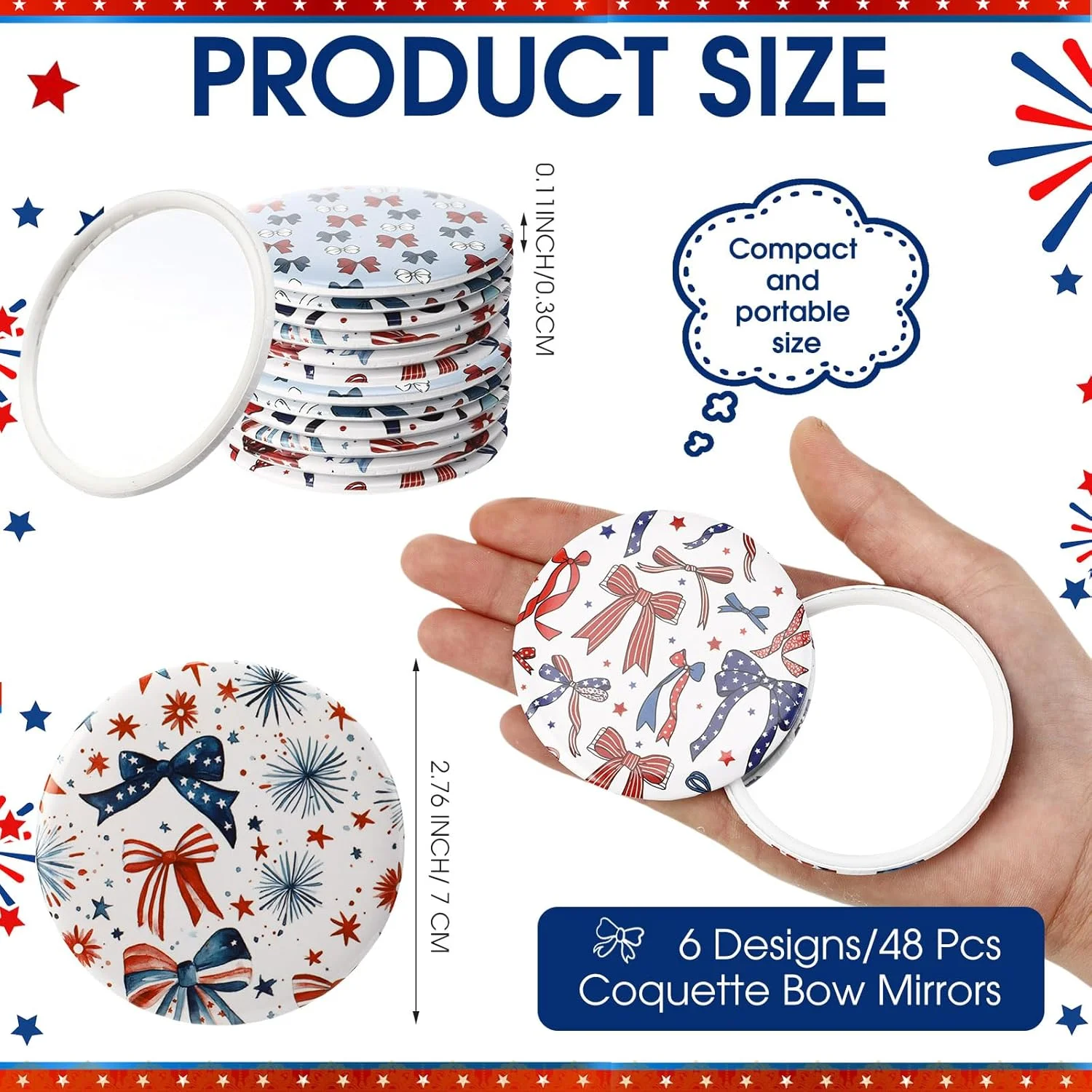 آینه جیبی سین وُیس طرح پاپیون قرمز، سفید و آبی، بسته 48 عددی، مناسب مهمانی های چهارم جولای آمریکا، آینه آرایشی مسافرتی قابل حمل