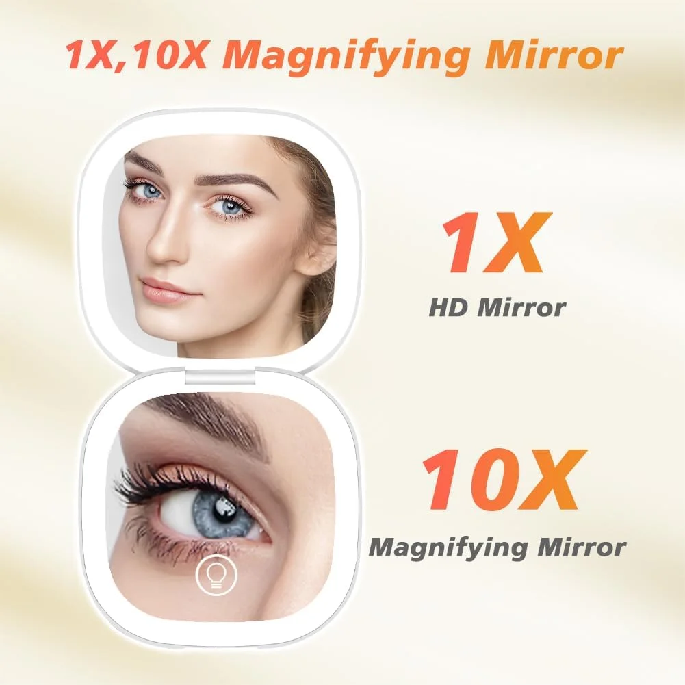 آینه آرایشی مسافرتی LED فشرده با بزرگنمایی 1X/10X، آینه جیبی کوچک دستی با 3 رنگ نور، کم نور شونده، دو طرفه، قابل شارژ USB، صفحه لمسی، آینه آرایشی قابل حمل (سفید) آینه آرایشی مسافرتی LED فشرده با بزرگنمایی 1X/10X، آینه جیبی کوچک دستی با 3 رنگ نور، کم نور شونده، دو طرفه، قابل شارژ USB، صفحه لمسی، آینه آرایشی قابل حمل (سفید)