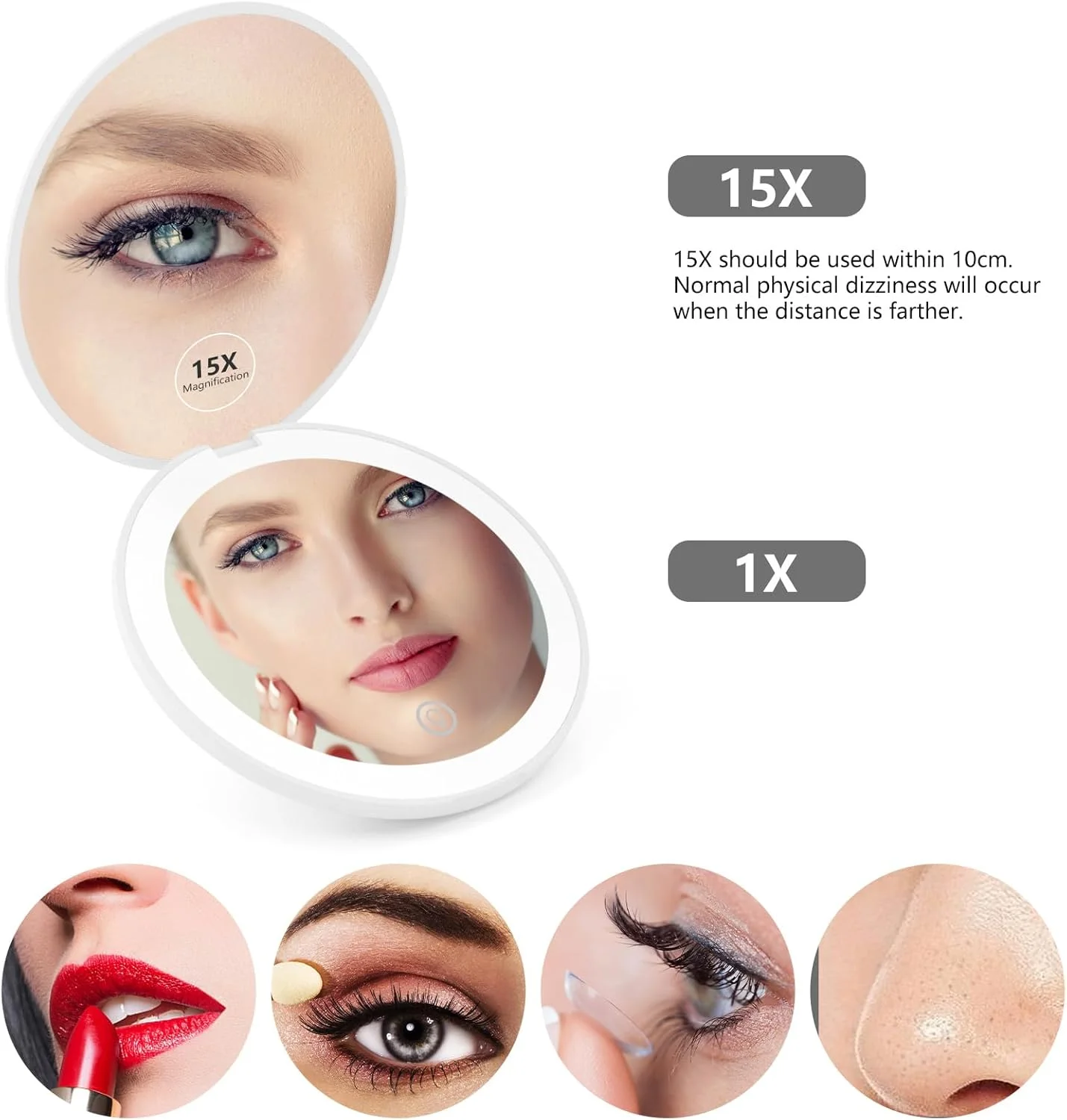 آینه آرایشی مسافرتی قابل شارژ جمع و جور 3.5 اینچی، بزرگنمایی 10 برابر، طراحی تاشو دایره ای دو طرفه، آینه جیبی LED دار، آینه قابل حمل مناسب برای زنان، دختران، دانشجویان، هدیه ایده آل (سفید)