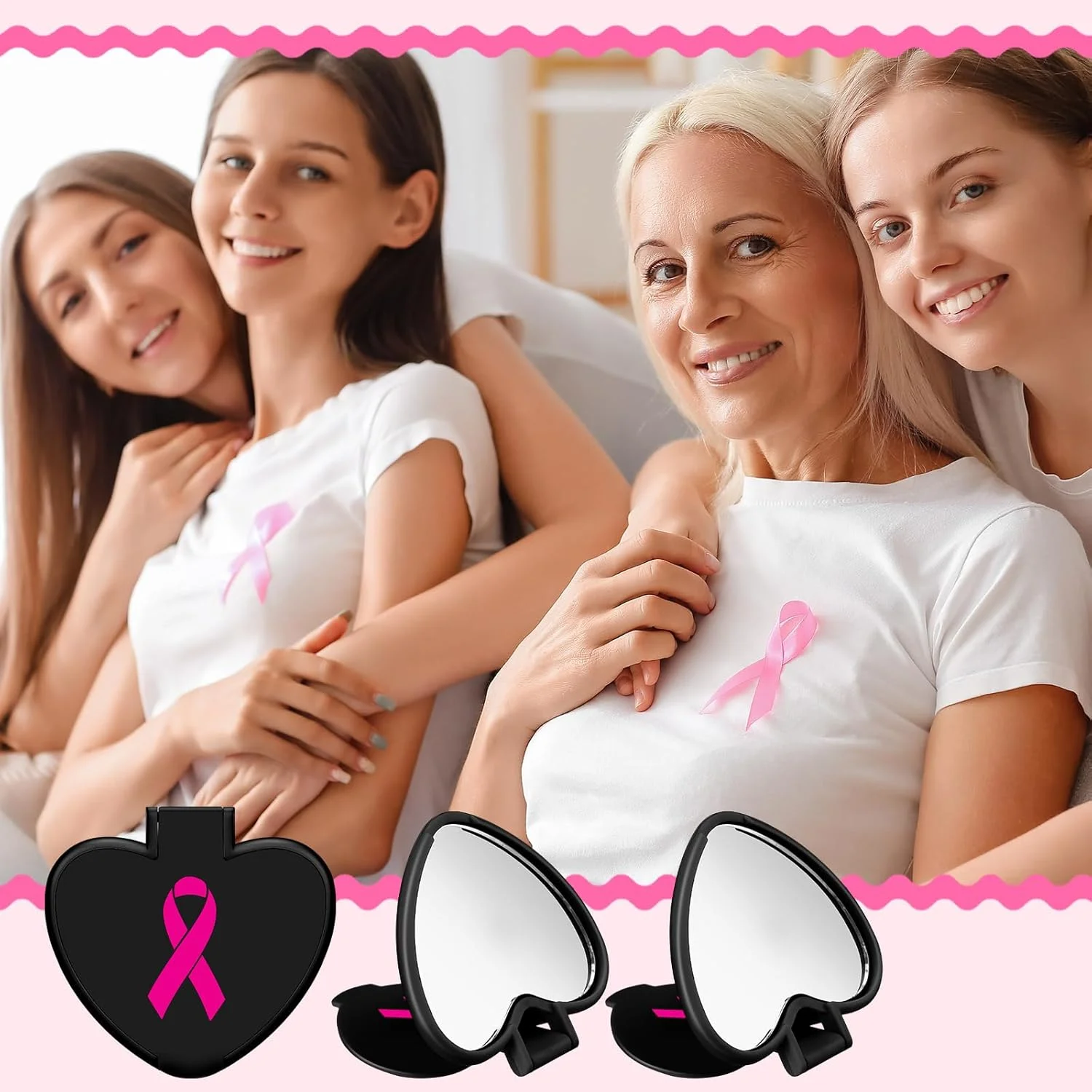 آینه آرایشی تاشو کوچک کولینگ میل، بسته 48 عددی، هدیه ای برای آگاهی از سرطان سینه، آینه جیبی کوچک قلبی شکل قابل حمل، لوازم جانبی آگاهی از سرطان سینه برای زنان (مشکی)