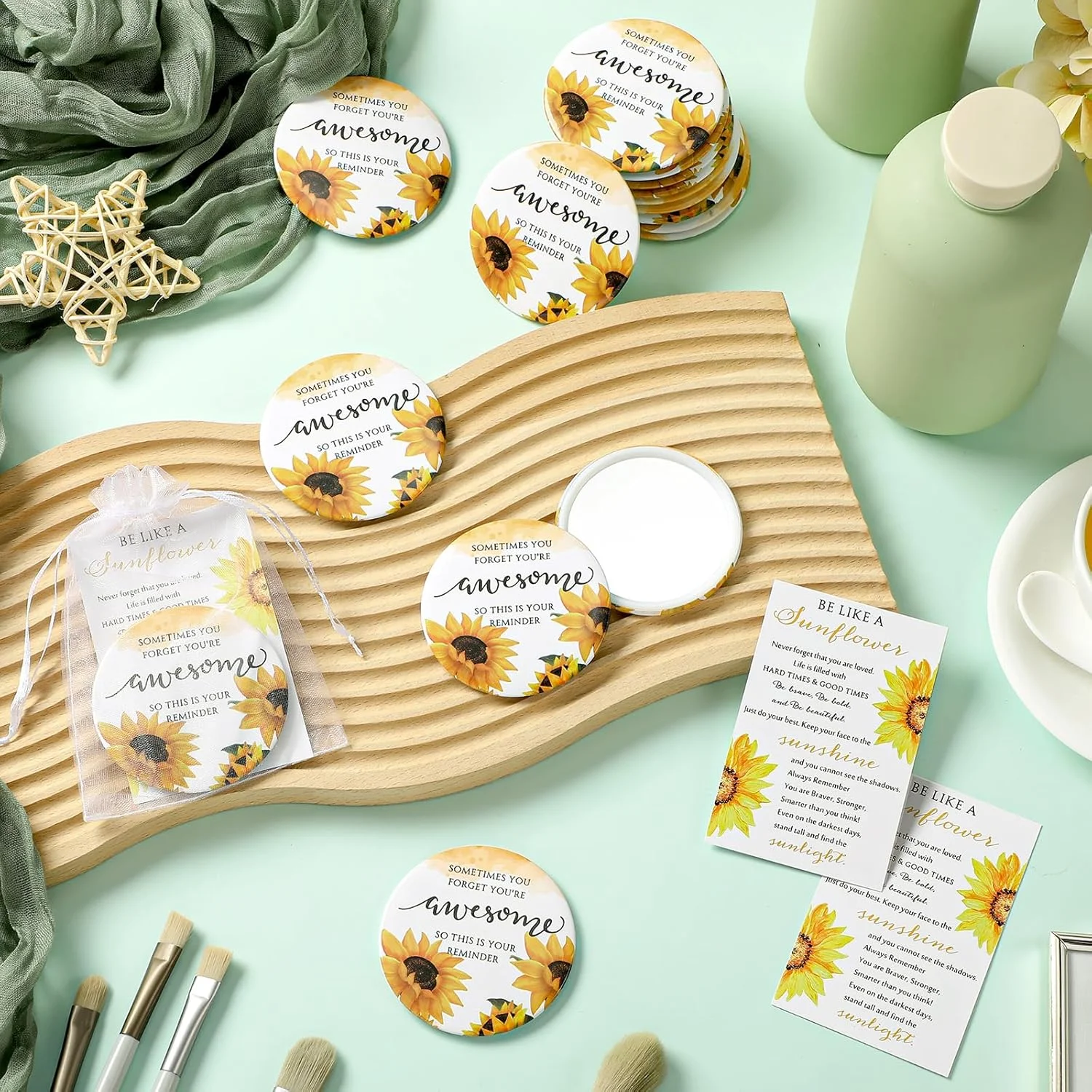آینه جیبی کوچک انگیزشی Cinnvoice، طرح گل آفتابگردان، بسته 25 عددی، همراه با کارت هدیه، مناسب هدیه برای زنان، معلمان، پرستاران و همکاران - یادآوری برای روزهای سخت